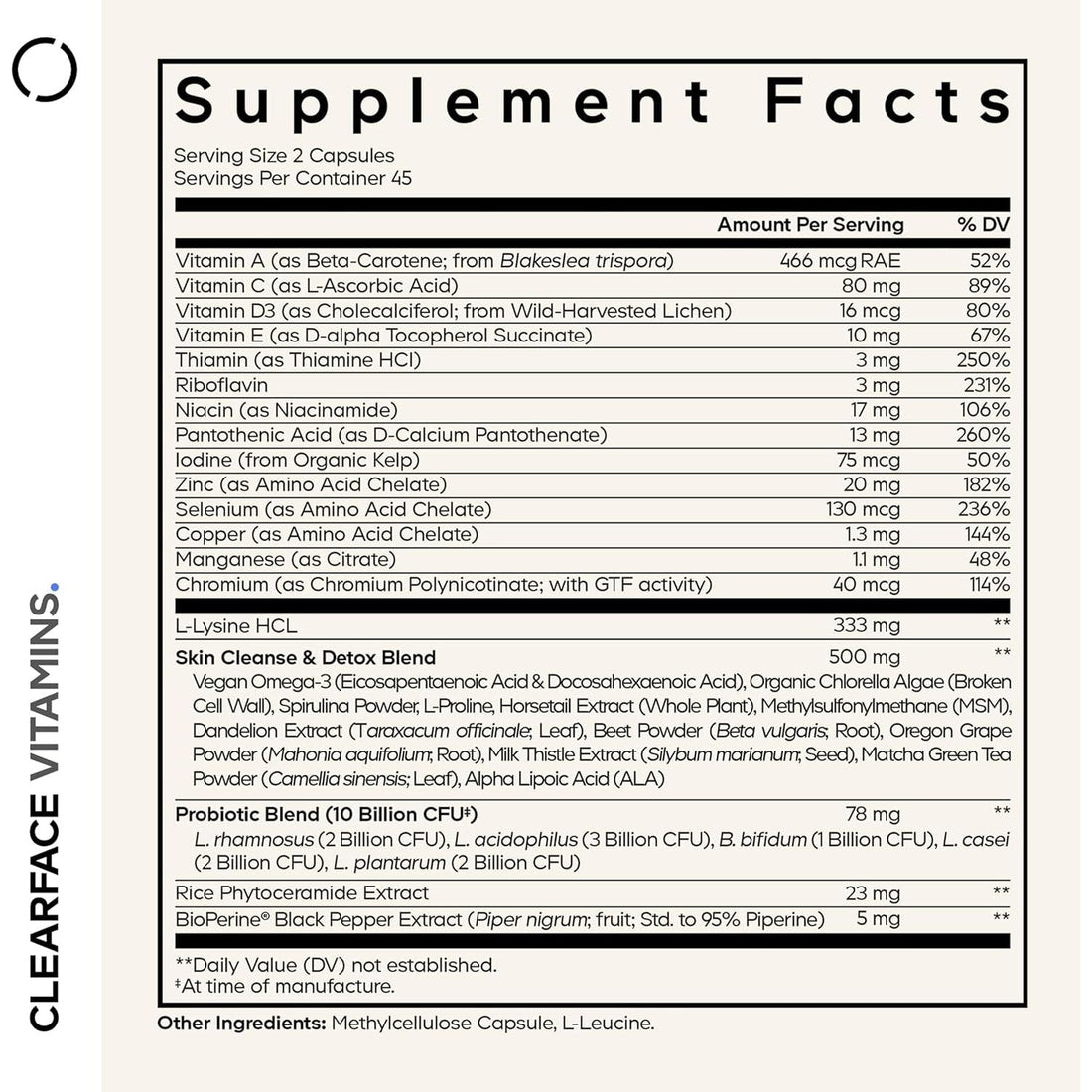 Codeage Clearface Vitamins+ (Black) – 90 Capsules | Hormonal Acne, Gut & Skin Support with Probiotics, Omega-3 & Skin Nutrients