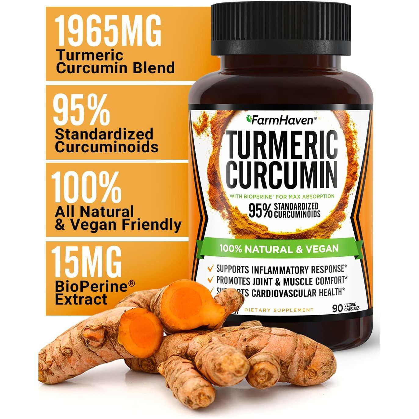 FarmHaven Turmeric Curcumin 90 Capsules | 1965mg High-Potency Joint, Heart & Brain Support with BioPerine