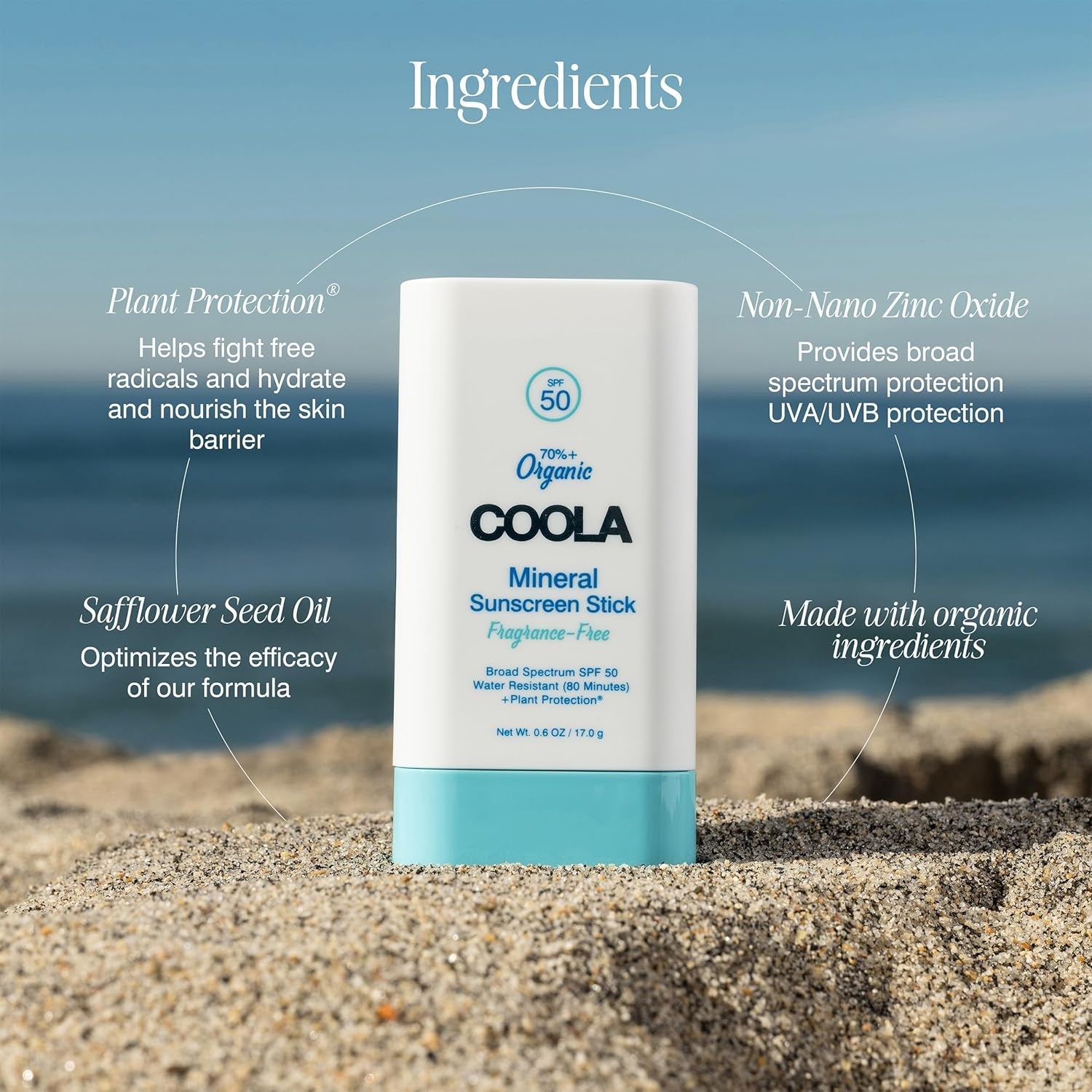 COOLA Mineral Sunscreen Stick SPF 50 Fragrance-Free 17g | Sheer, Sensitive Skin Protection with Non-Nano Zinc