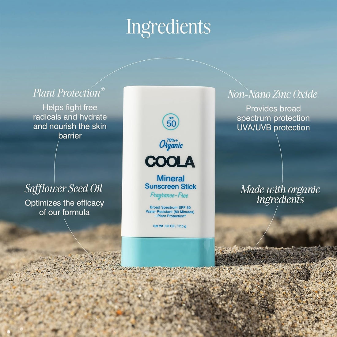 COOLA Mineral Sunscreen Stick SPF 50 Fragrance-Free 17g | Sheer, Sensitive Skin Protection with Non-Nano Zinc