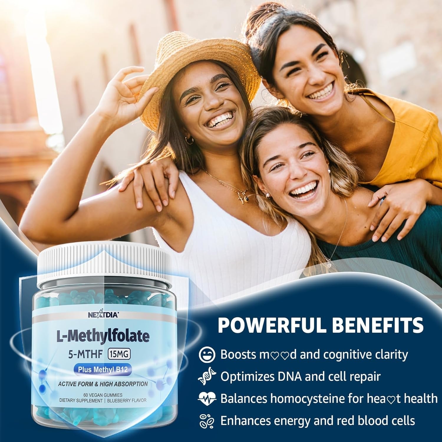 Nextdia L-Methylfolate 5-MTHF Gummies 60 Sugar-Free Vegan Gummies | Active Folate + Methylated B Vitamins for Energy, Mood & Focus