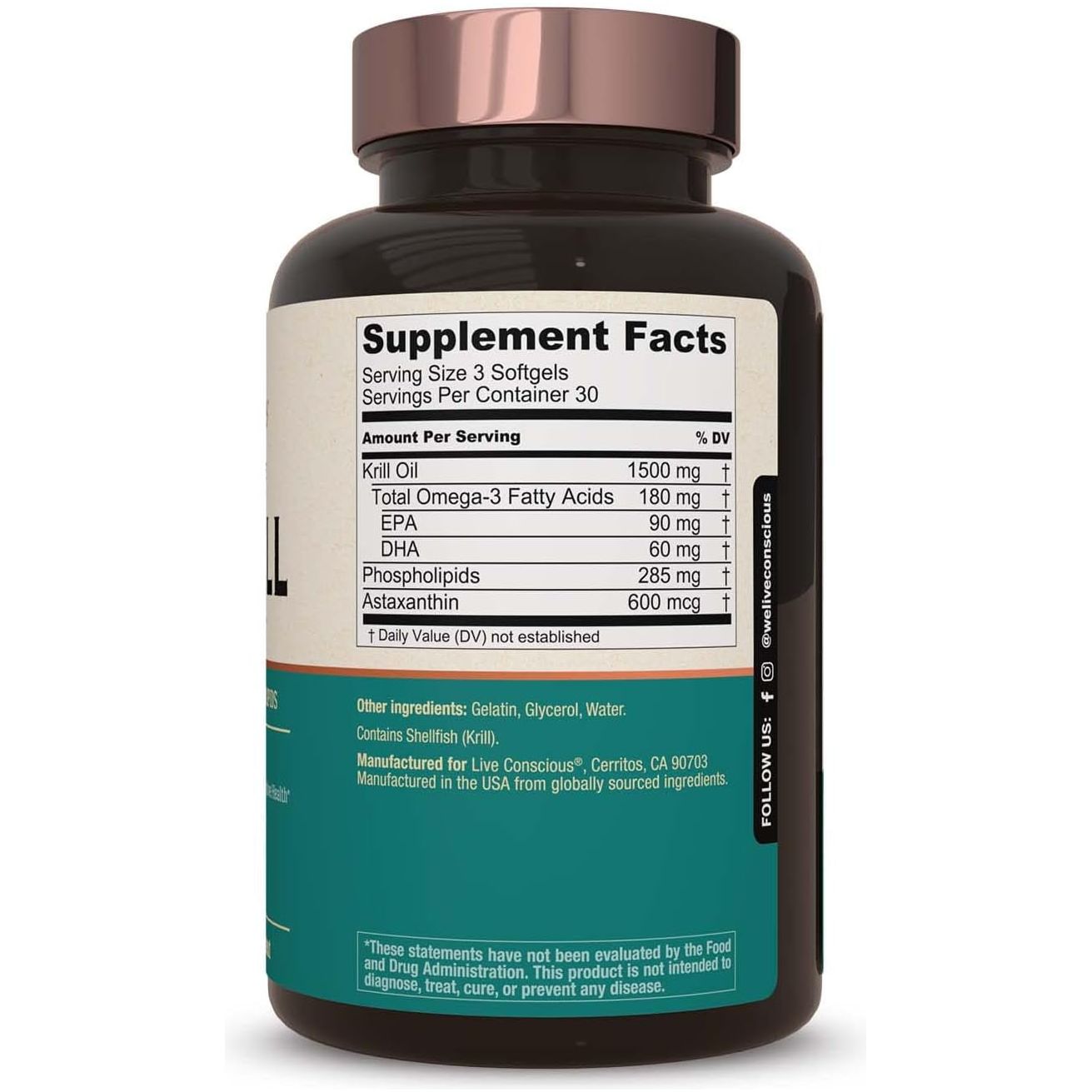 Live Conscious KRILLWELL 90 Softgels | Omega-3 Krill Oil with EPA, DHA & Astaxanthin for Brain, Joint & Heart Health