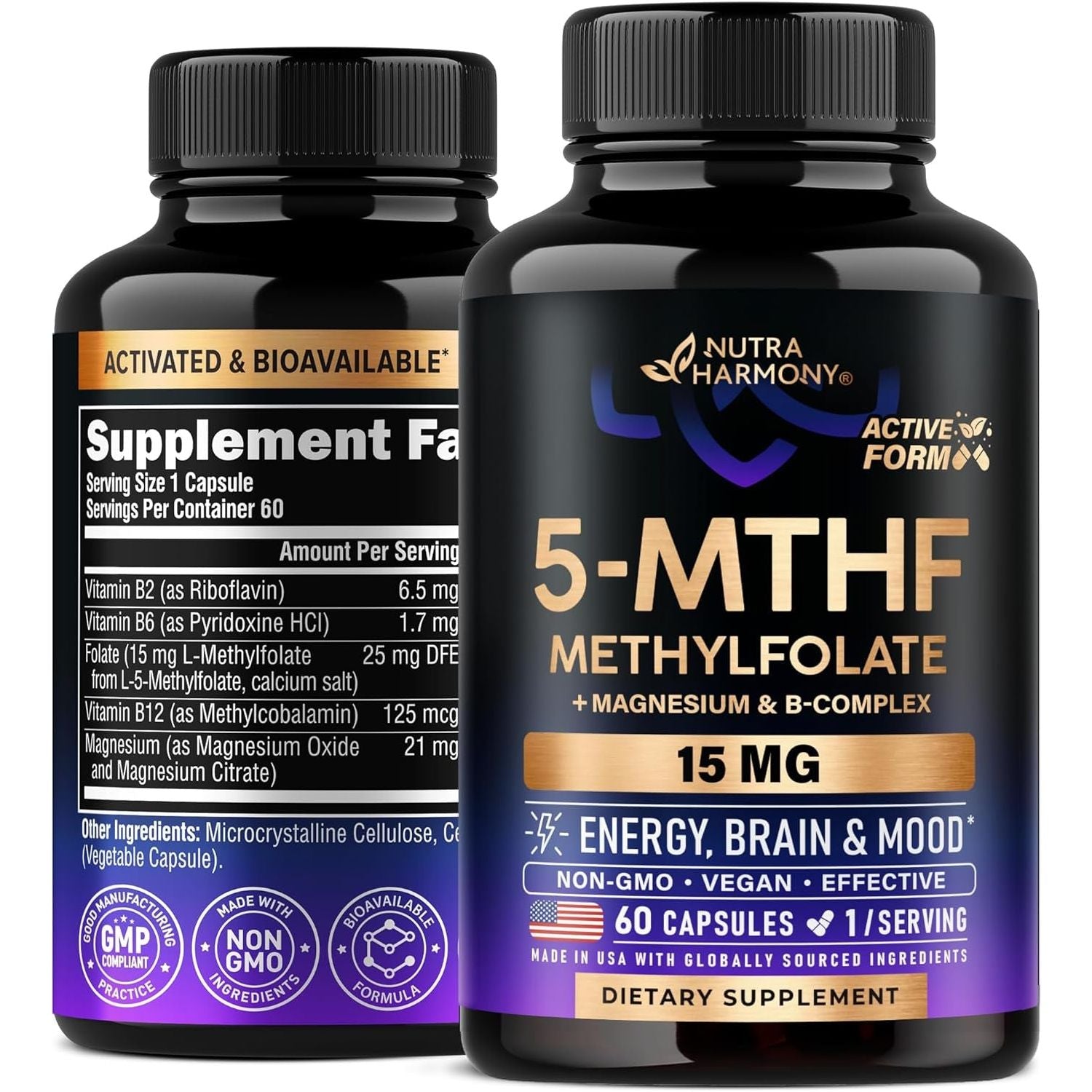 NUTRAHARMONY 5-MTHF Methylfolate Supplement 60 Capsules | High-Potency Active B9 with B2, B6, B12 & Magnesium