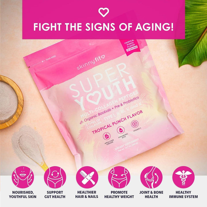 SkinnyFit Super Youth Multi-Collagen Peptides - Tropical Punch Flavor (313g) | 5 Collagen Types + Probiotics for Beauty & Wellness
