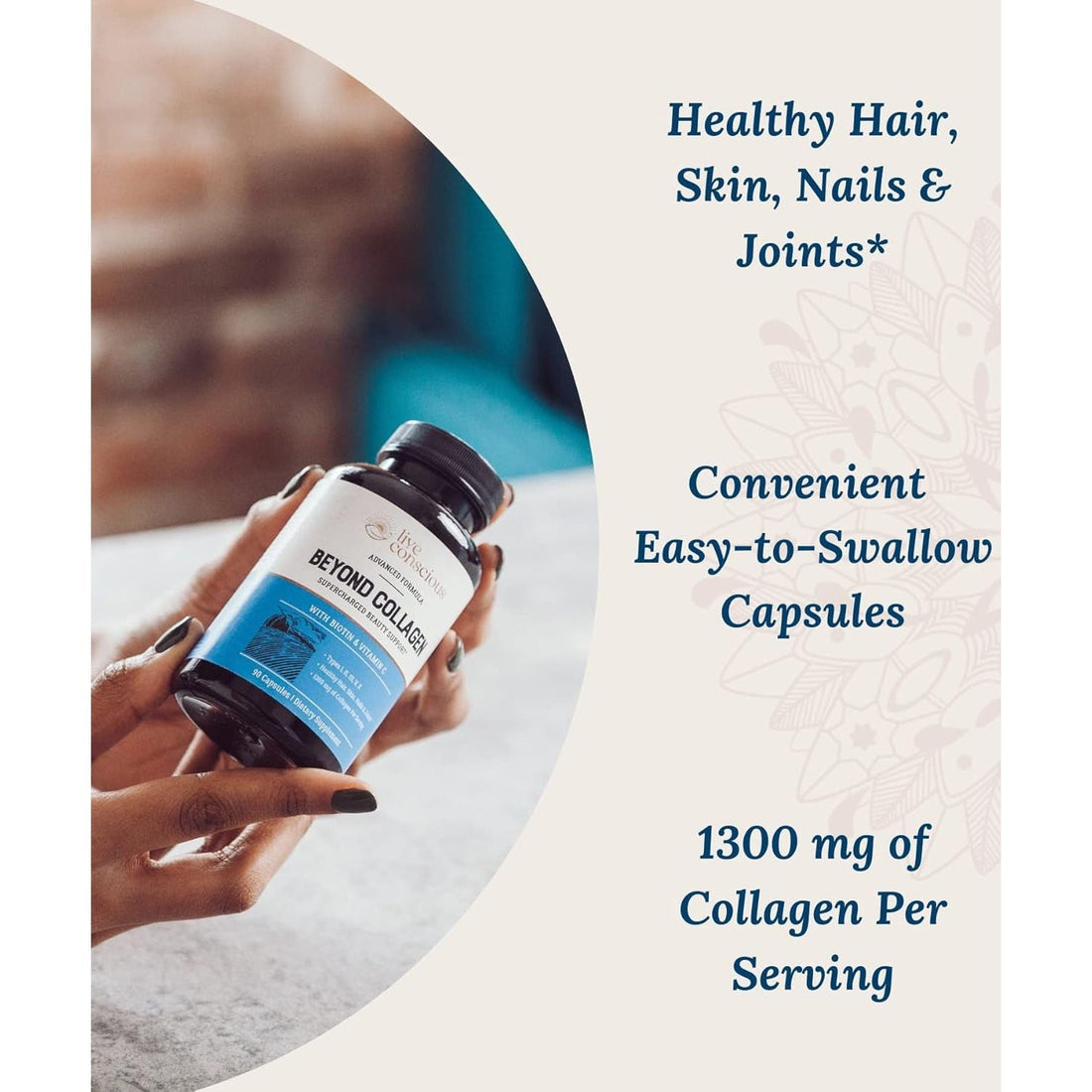 Live Conscious Beyond Collagen Supercharged 90 Capsules | 5 Collagen Types + Biotin & Vitamin C |  Unlock your most radiant beauty from within.
