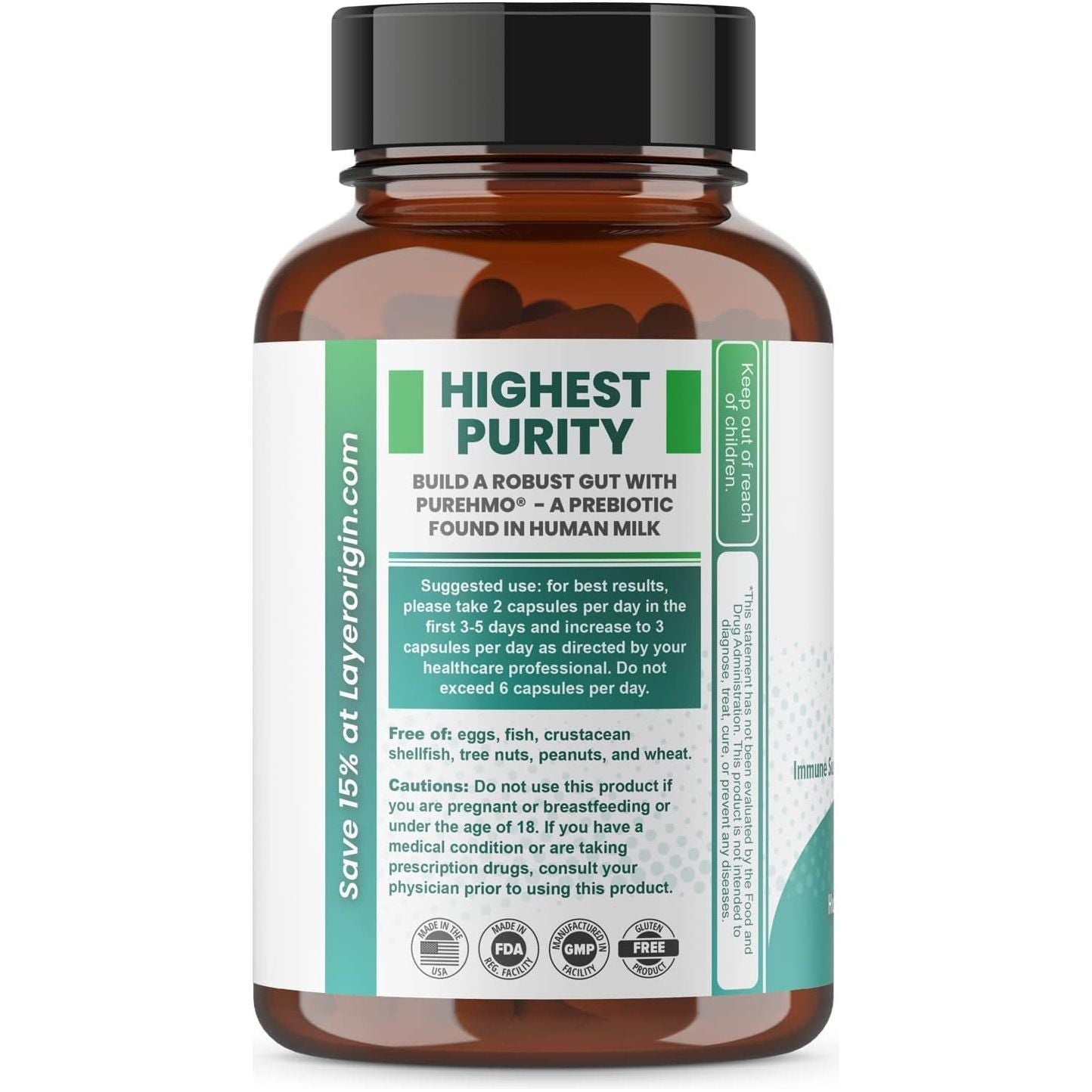 Layer Origin PureHMO Prebiotic – 90 Capsules, 30-Day Supply | Gut, Immune & Cognitive Health Support with 98% Pure 2’-FL