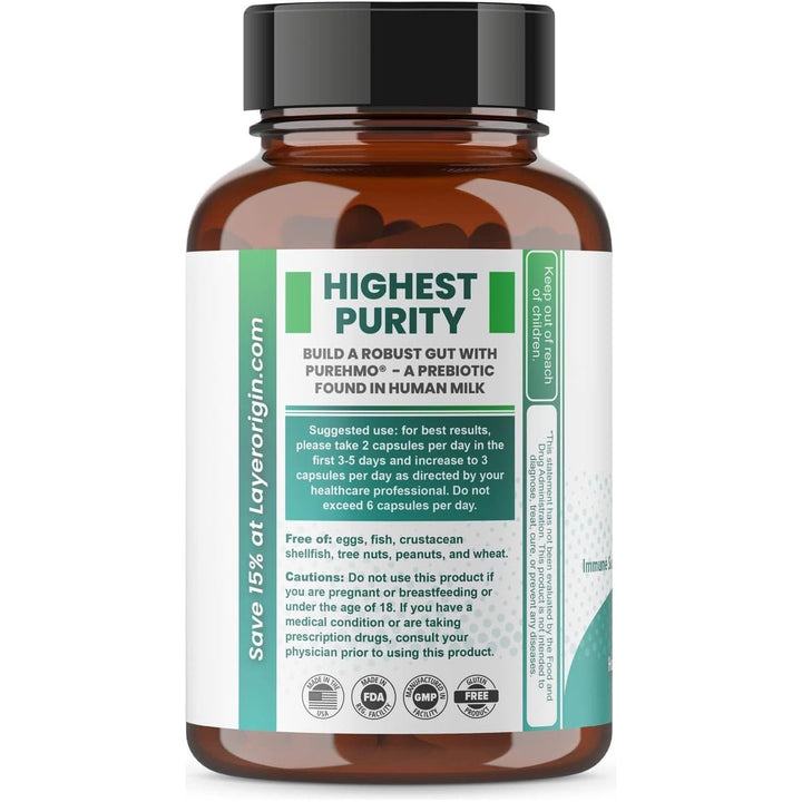 Layer Origin PureHMO Prebiotic – 90 Capsules, 30-Day Supply | Gut, Immune & Cognitive Health Support with 98% Pure 2’-FL