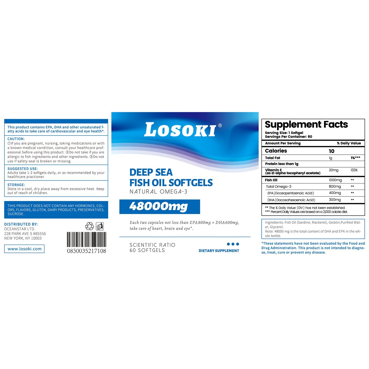 LOSOKI Deep-Sea Fish Oil Softgels 48000mg Dietary Supplement