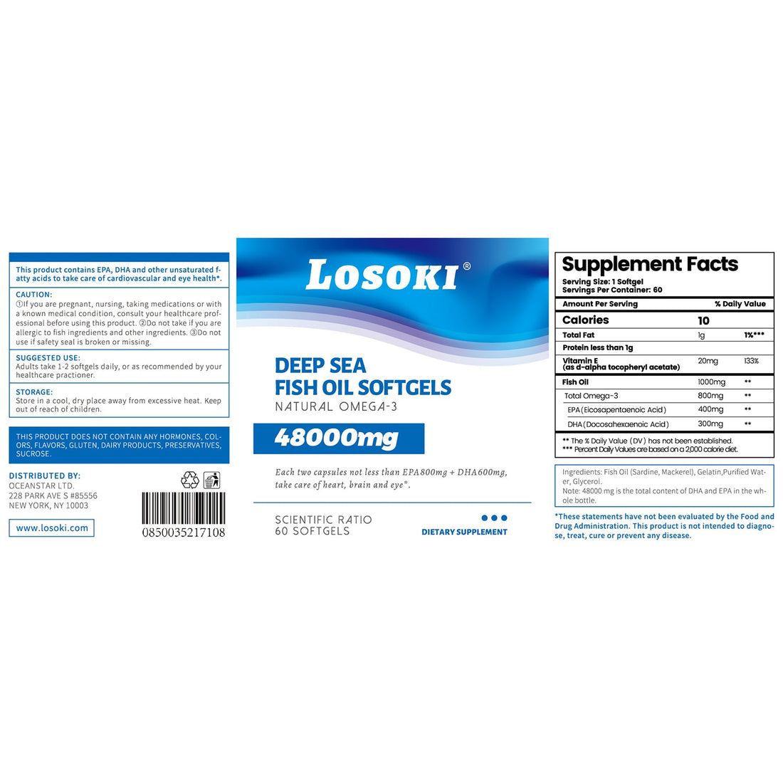LOSOKI Deep-Sea Fish Oil Softgels 48000mg Dietary Supplement
