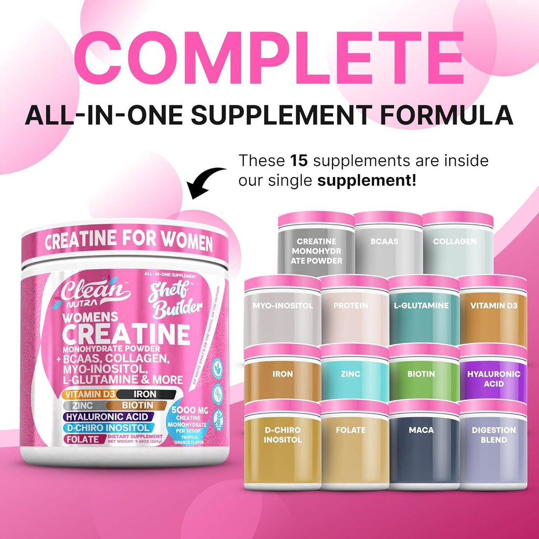 Clean Nutraceuticals Women’s Creatine – 269g | Tropical Orange With Creatine, Collagen, BCAAs, Biotin & Vitamins for Muscle, Recovery & Radiance