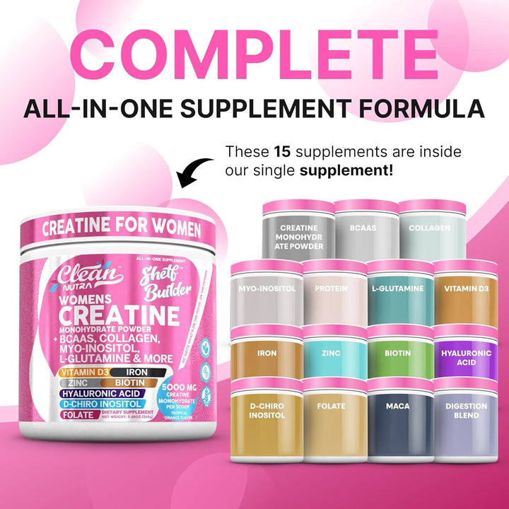 Clean Nutraceuticals Women’s Creatine – 269g | Tropical Orange With Creatine, Collagen, BCAAs, Biotin & Vitamins for Muscle, Recovery & Radiance