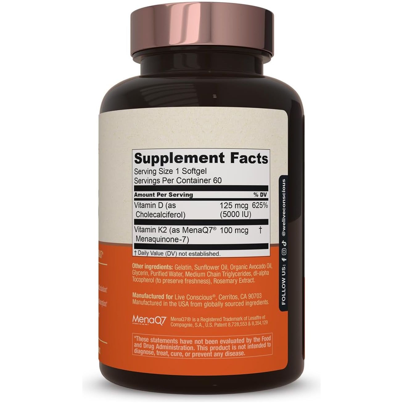 Live Conscious K2 + D3 Supplement 60 Softgels | Bone Strength, Heart Health & Immune Support