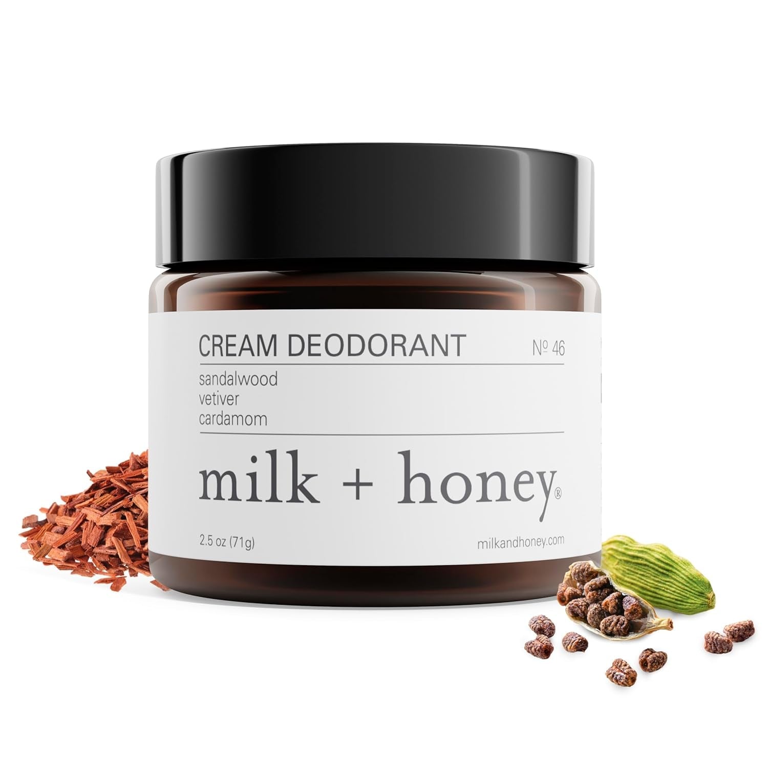 milk + honey Cream Deodorant No. 46 – 2.25 oz | A nourishing, aluminum-free cream deodorant with a warm, calming blend of sandalwood, vetiver, and cardamom.