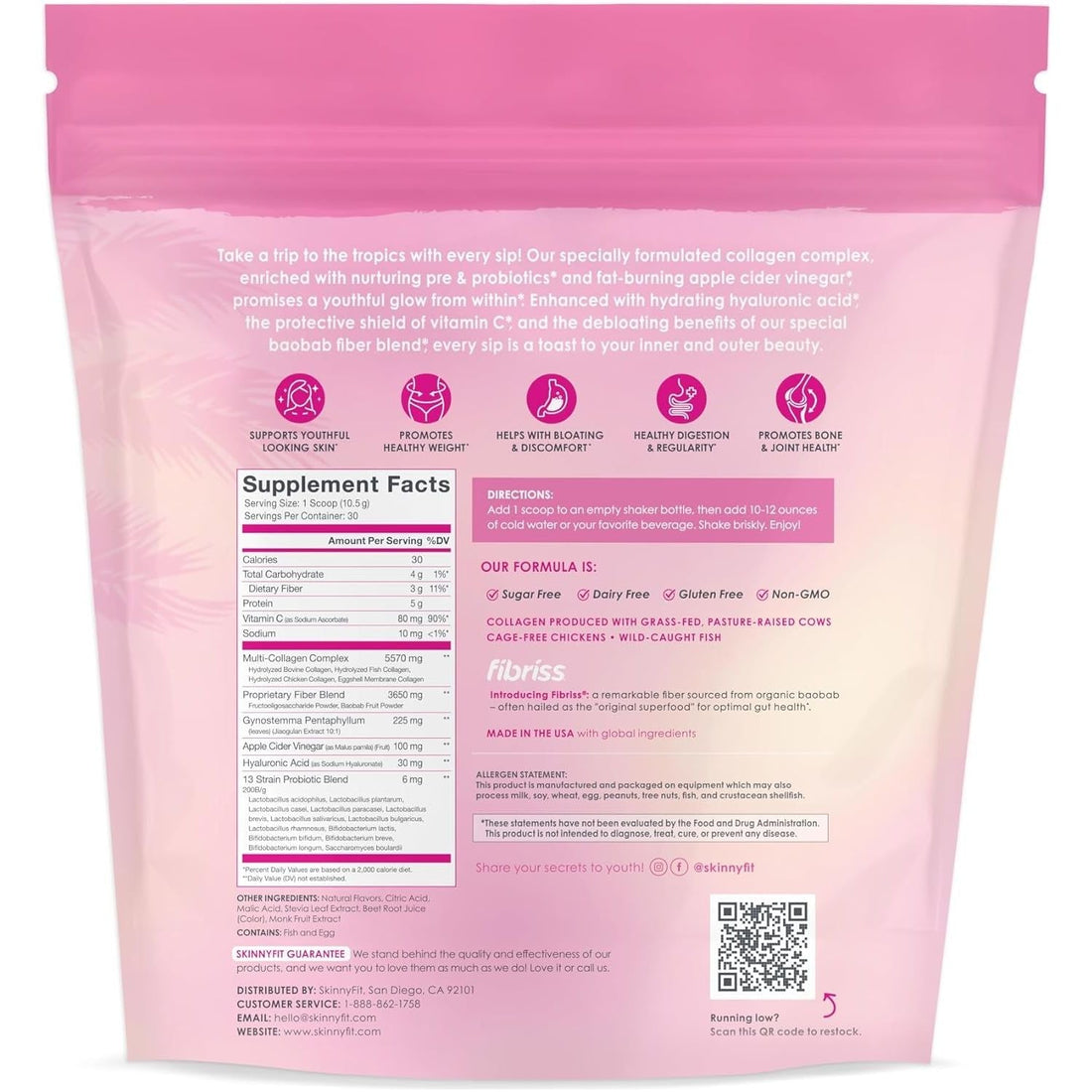SkinnyFit Super Youth Multi-Collagen Peptides - Tropical Punch Flavor (313g) | 5 Collagen Types + Probiotics for Beauty & Wellness