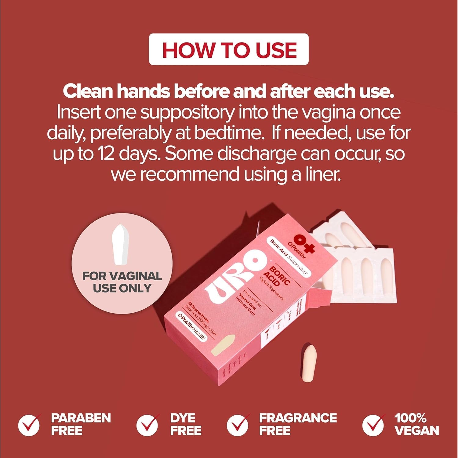 O Positiv URO Boric Acid Vaginal Suppositories& 12 Count The Gentle, Fast-Acting Solution for Intimate Balance & Freshness