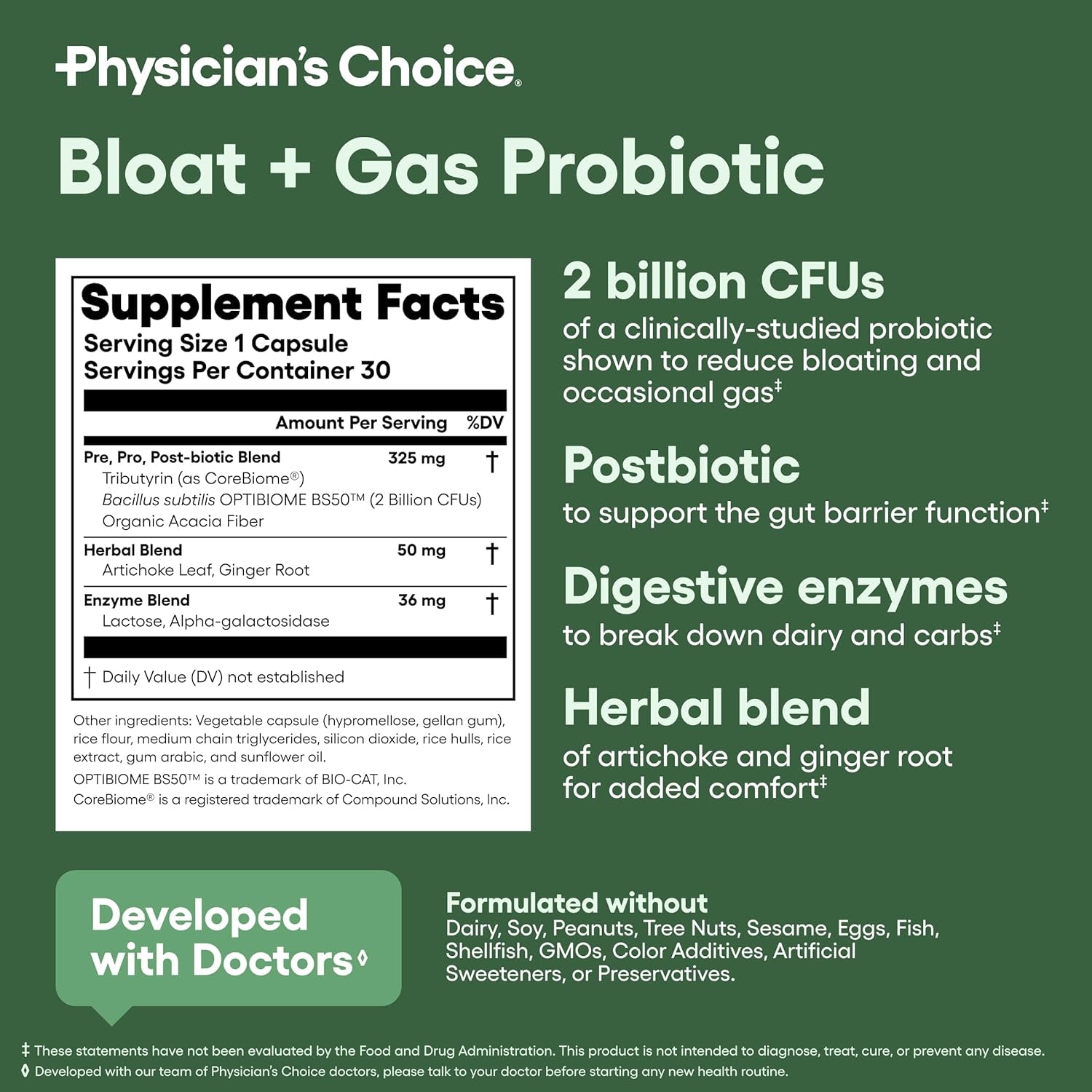 Physician's CHOICE Bloat + Gas Probiotic Supplement – 30 Capsules | 5-in-1 Digestive Support for Bloating, Gas & Gut Health