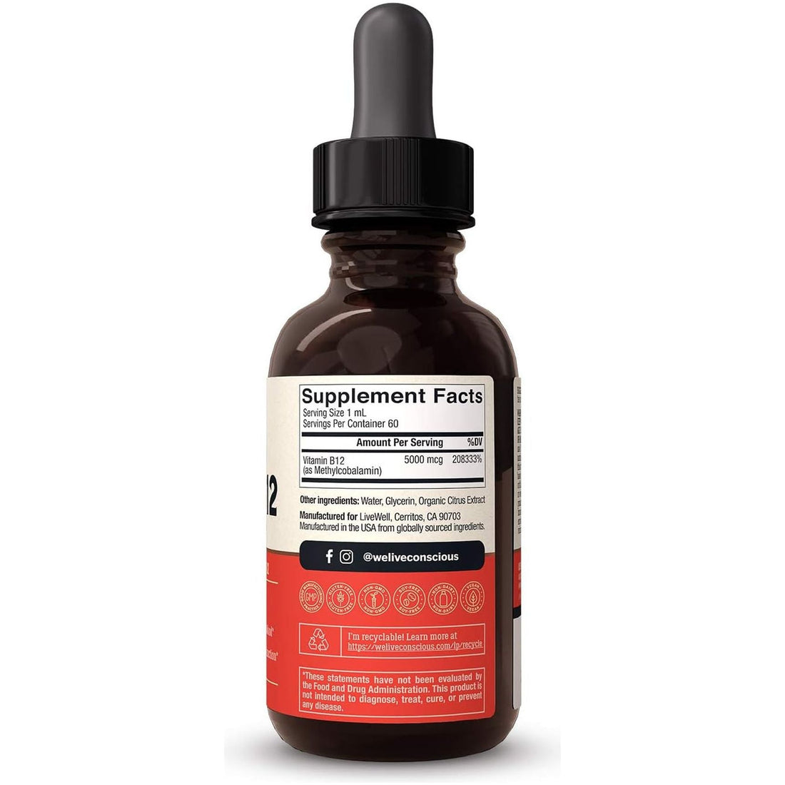 Live Conscious Vegan B12 60ml | Fast-Absorbing Energy & Immune Support with Methylcobalamin (5000mcg)