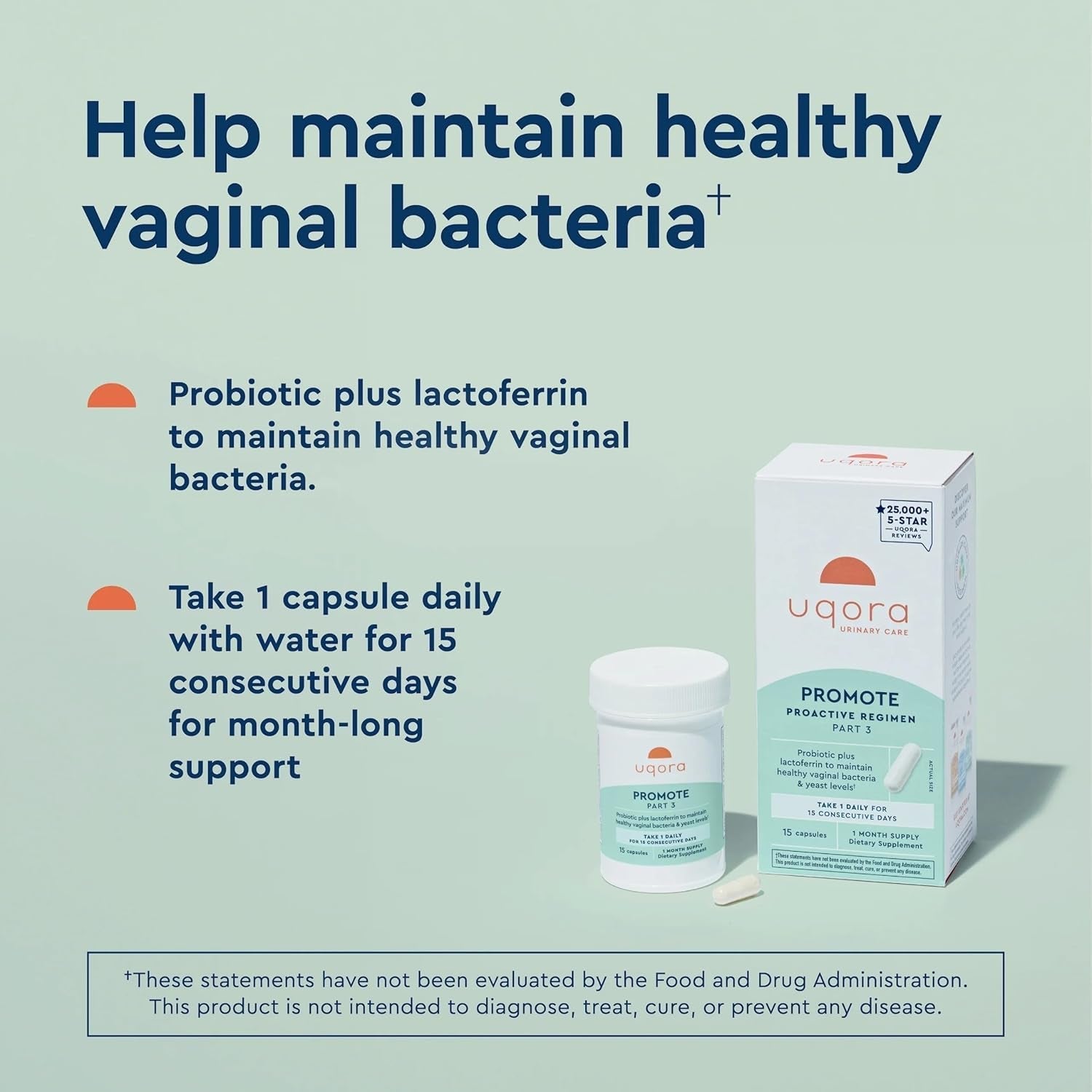 Uqora Promote 15 Capsules | Probiotic Vaginal Health Support with Lactoferrin & Lactobacillus Strains