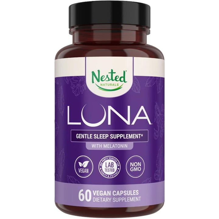 Nested Naturals Luna Gentle Sleep Supplement – 60 Vegan Capsules | Natural Sleep Aid with Melatonin, Valerian Root & L-Theanine