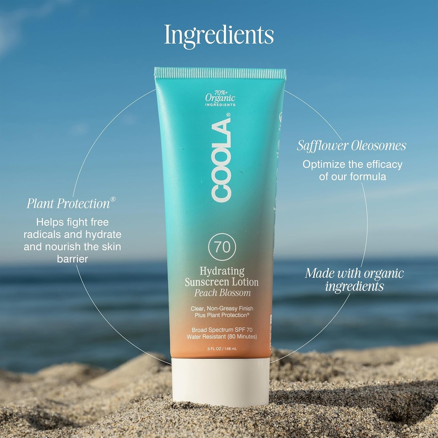 COOLA Hydrating Sunscreen Lotion SPF 70 Peach Blossom 148ml | Ultra-High SPF, Lightweight Organic Protection