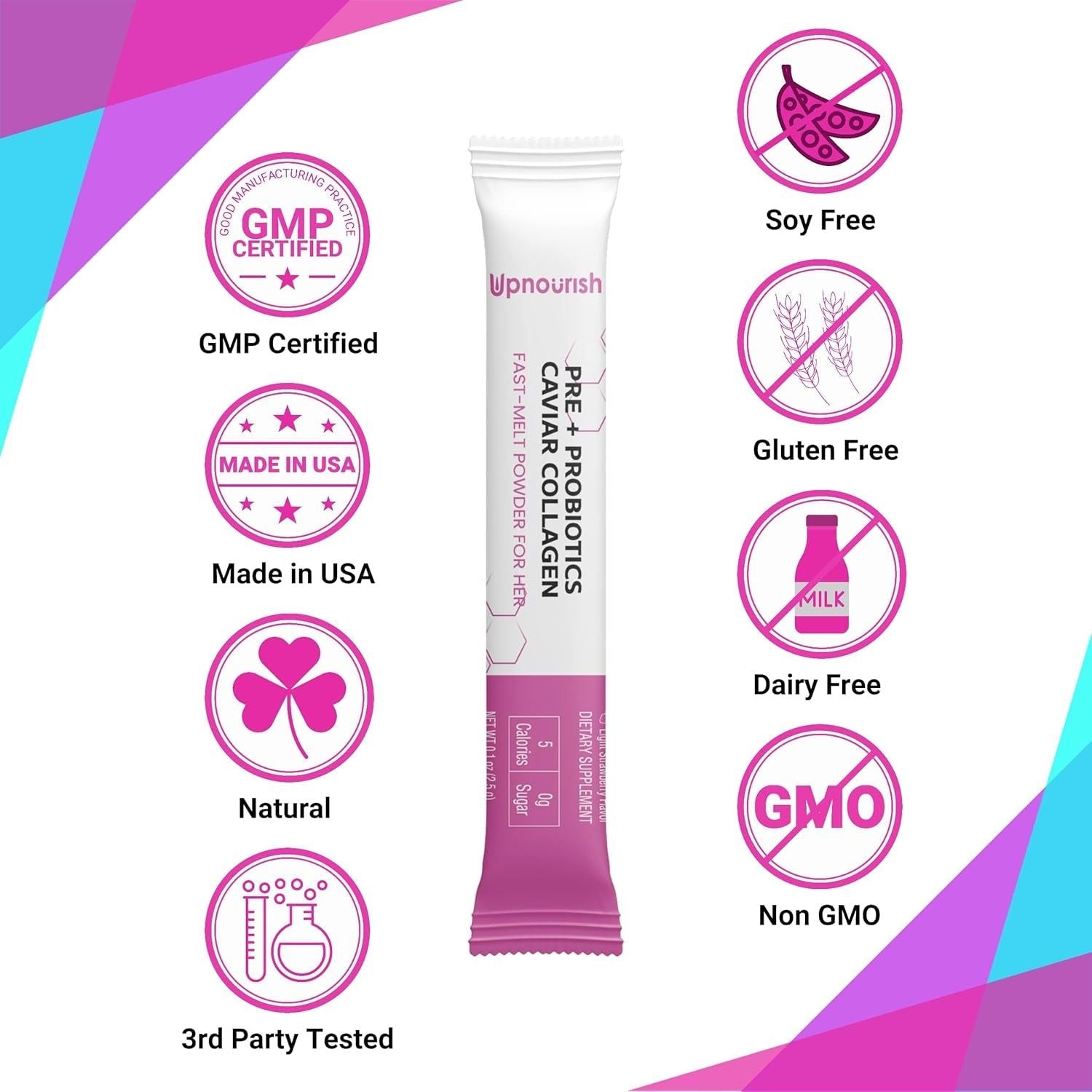 UpNourish Pre + Probiotics Caviar Collagen - 30 Stick Packs | Women's All-in-One Gut, Skin & Beauty Supplement