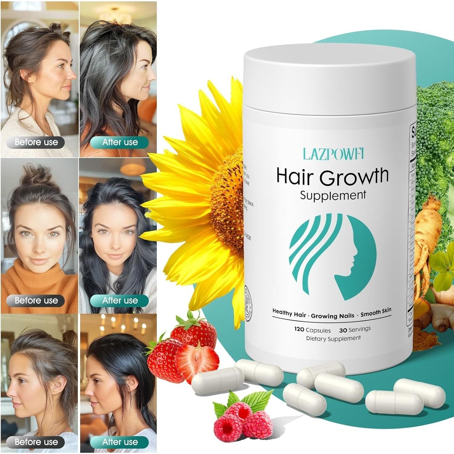 Lazpowfi Hair Growth Supplement 120 Capsules 30-in-1 Advanced Formula for Thicker, Healthier Hair