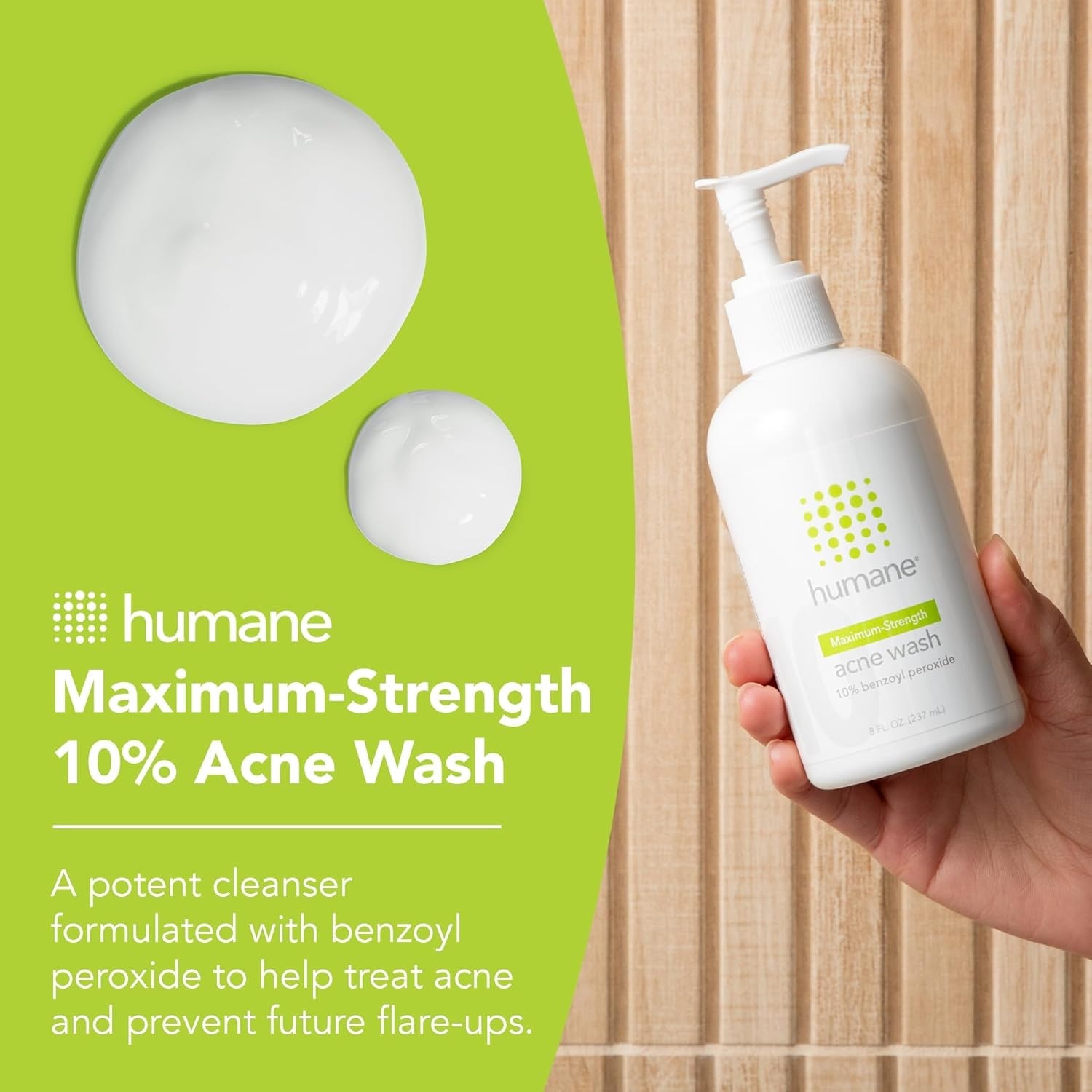 Humane Maximum-Strength Acne Wash 237ml | 10% Benzoyl Peroxide Face & Body Cleanser for Stubborn Acne