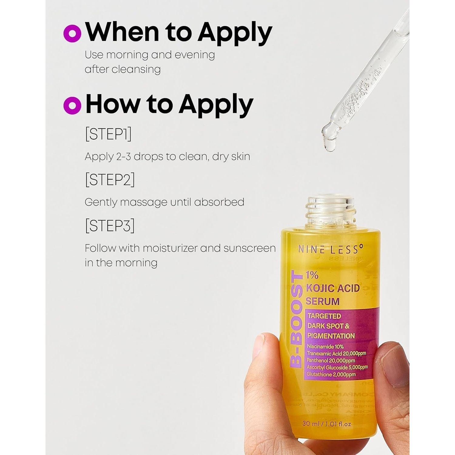 NINELESS B-Boost 1% Kojic Acid Serum – 30ml | Brightening & Pigment-Correcting Serum with Niacinamide, Tranexamic Acid &amp; Peptides