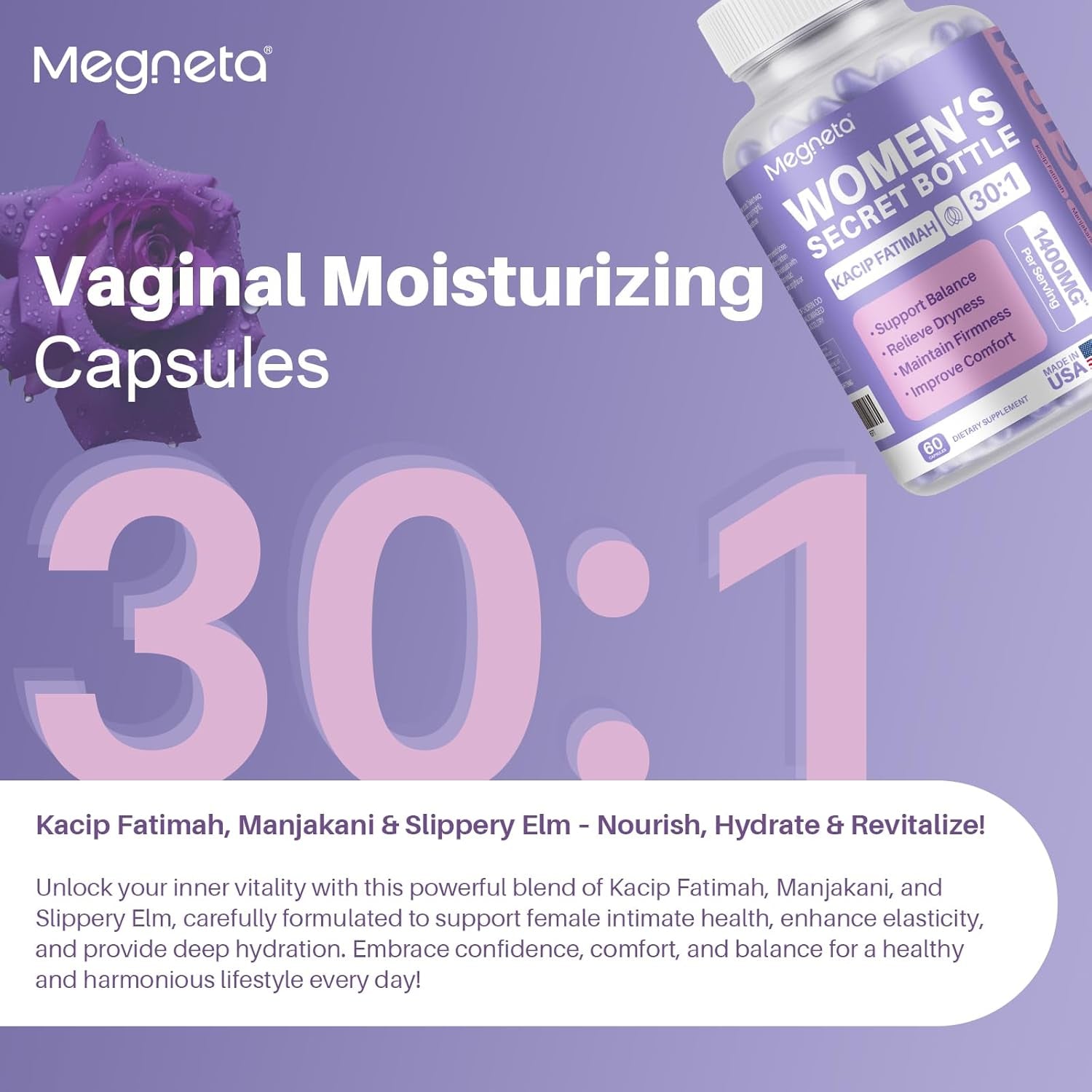 MEGNETA Vaginal Moisturizer  60 Capsules | Kacip Fatimah, Manjakani & Slippery Elm for Intimate Health & Moisture
