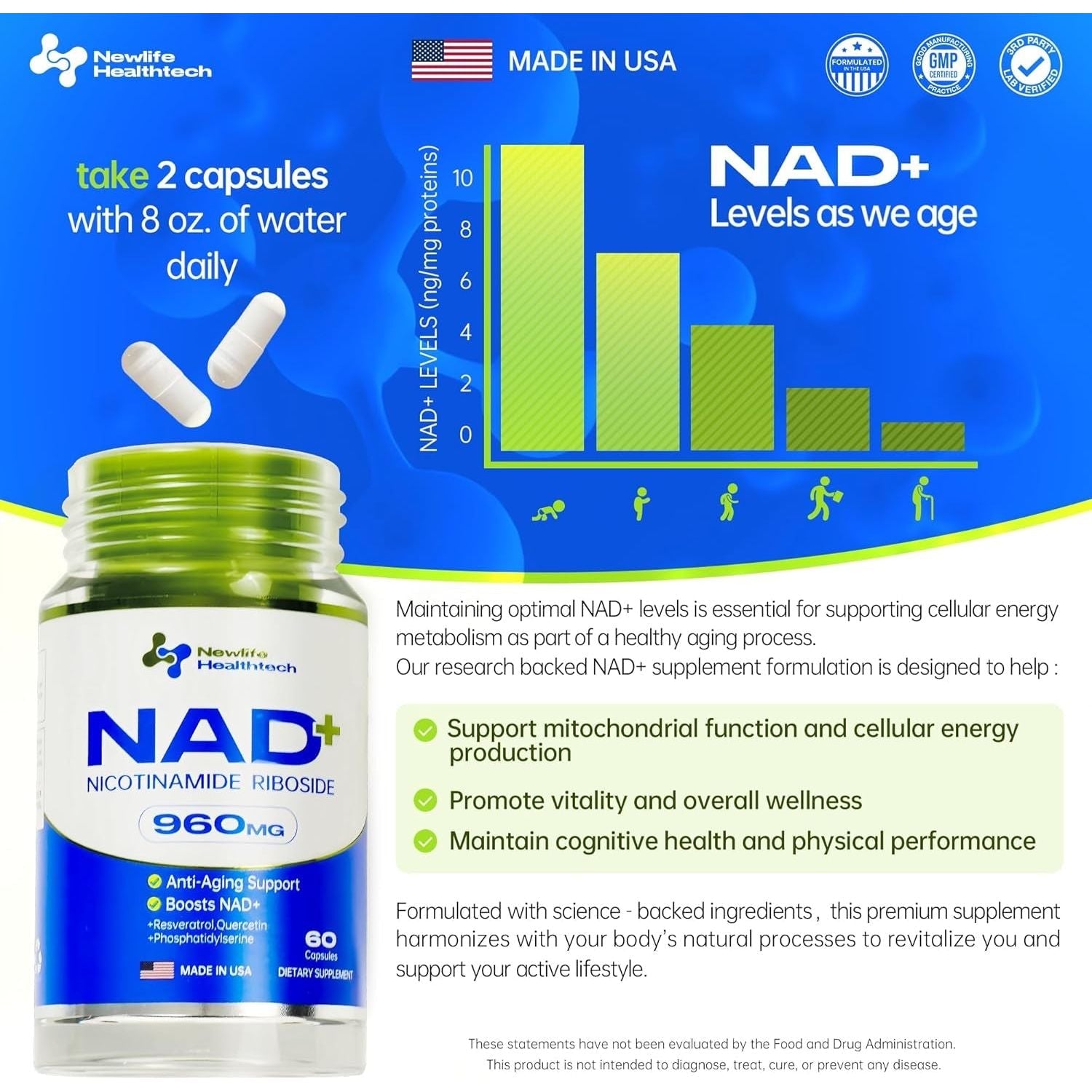 Newlife Healthtech NAD+ Supplement 60 Capsules | Advanced Cellular Energy & Anti-Aging Support ¨C 960mg per Serving
