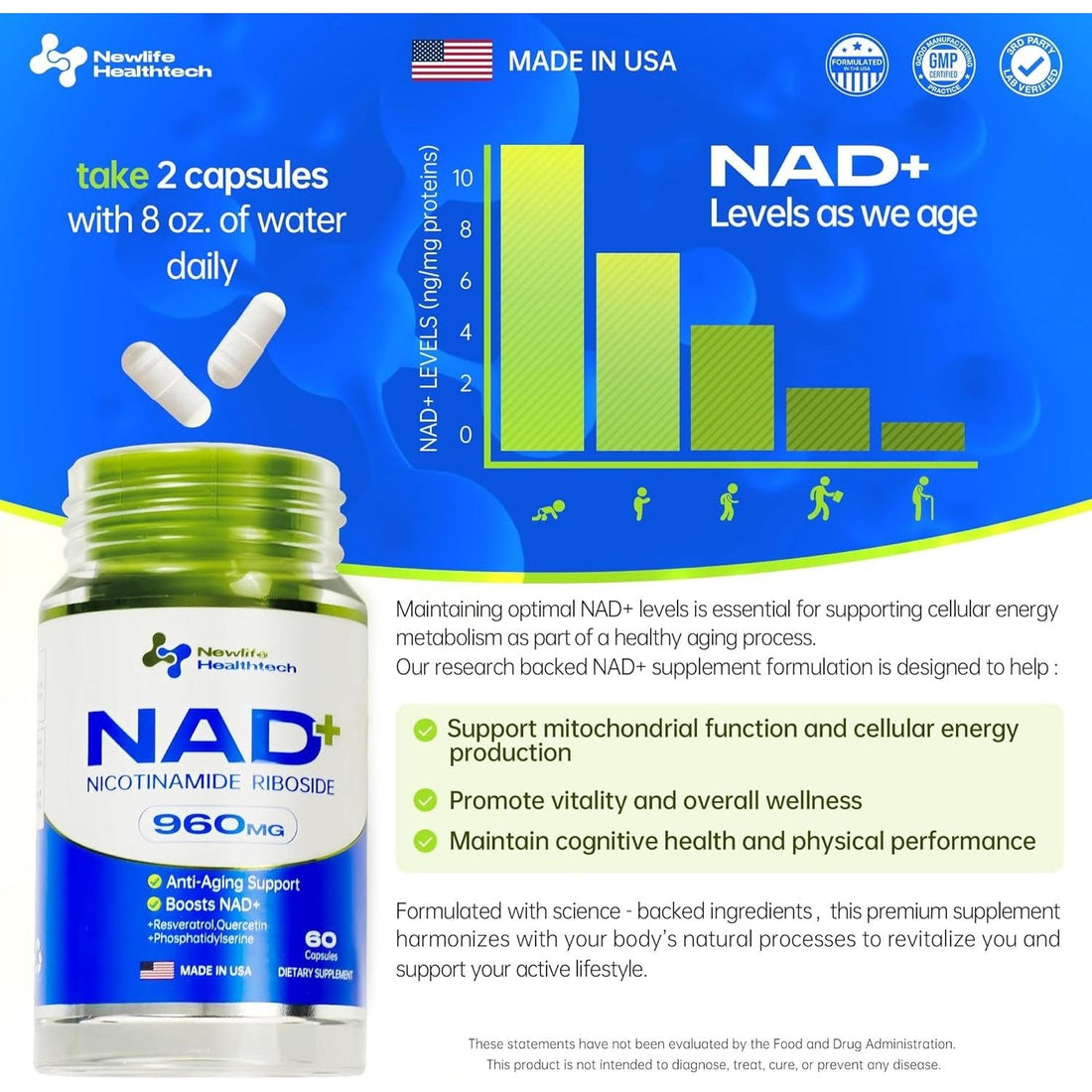 Newlife Healthtech NAD+ Supplement 60 Capsules | Advanced Cellular Energy & Anti-Aging Support ¨C 960mg per Serving