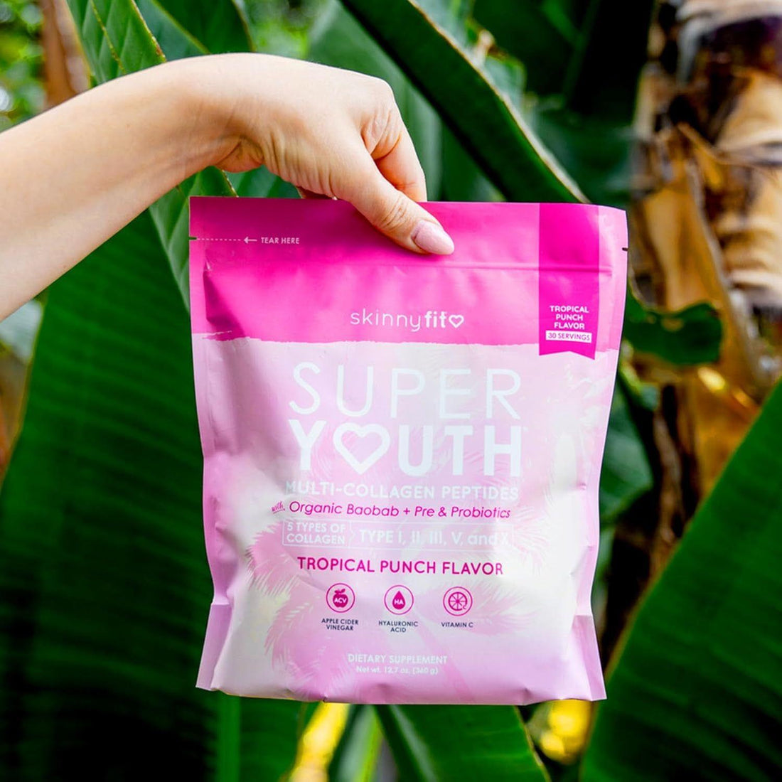 SkinnyFit Super Youth Multi-Collagen Peptides - Tropical Punch Flavor (313g) | 5 Collagen Types + Probiotics for Beauty & Wellness