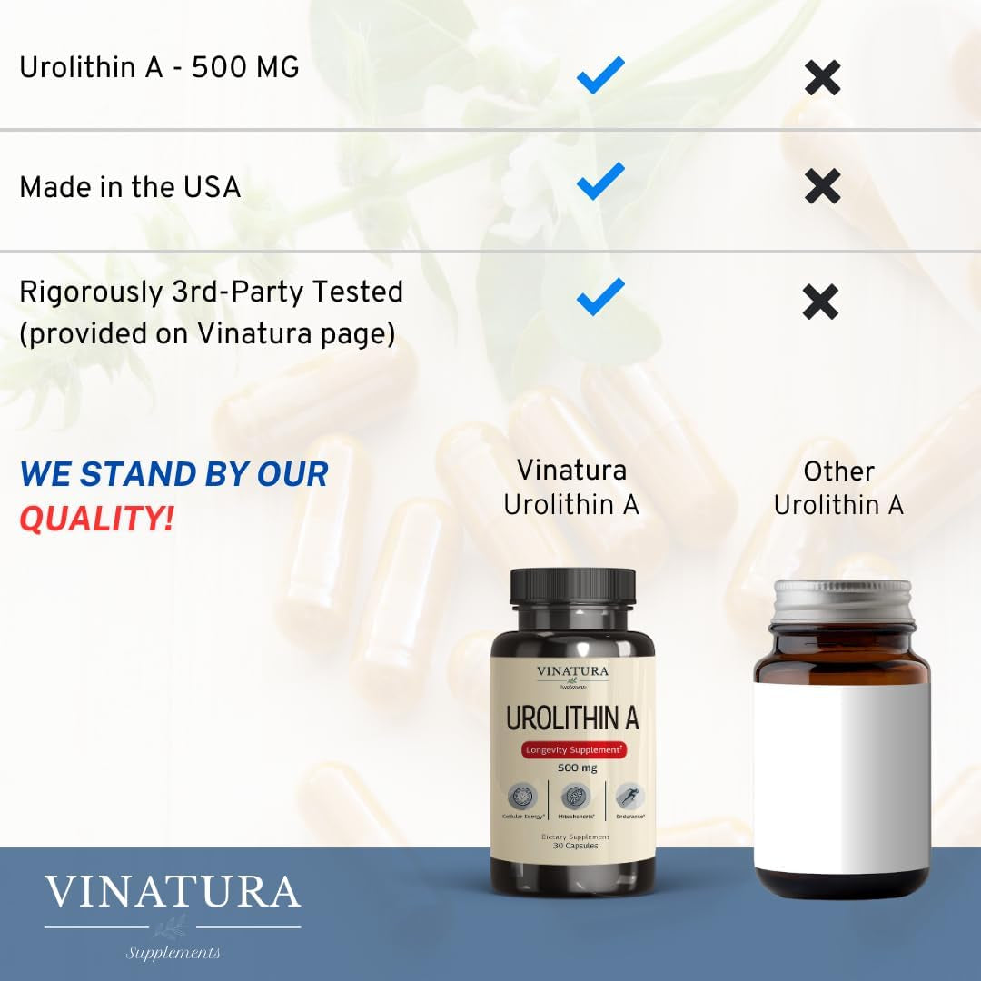 VINATURA Urolithin A+ 500mg, 30 Capsules | Mitochondrial Health & Anti-Aging Cellular Energy Support