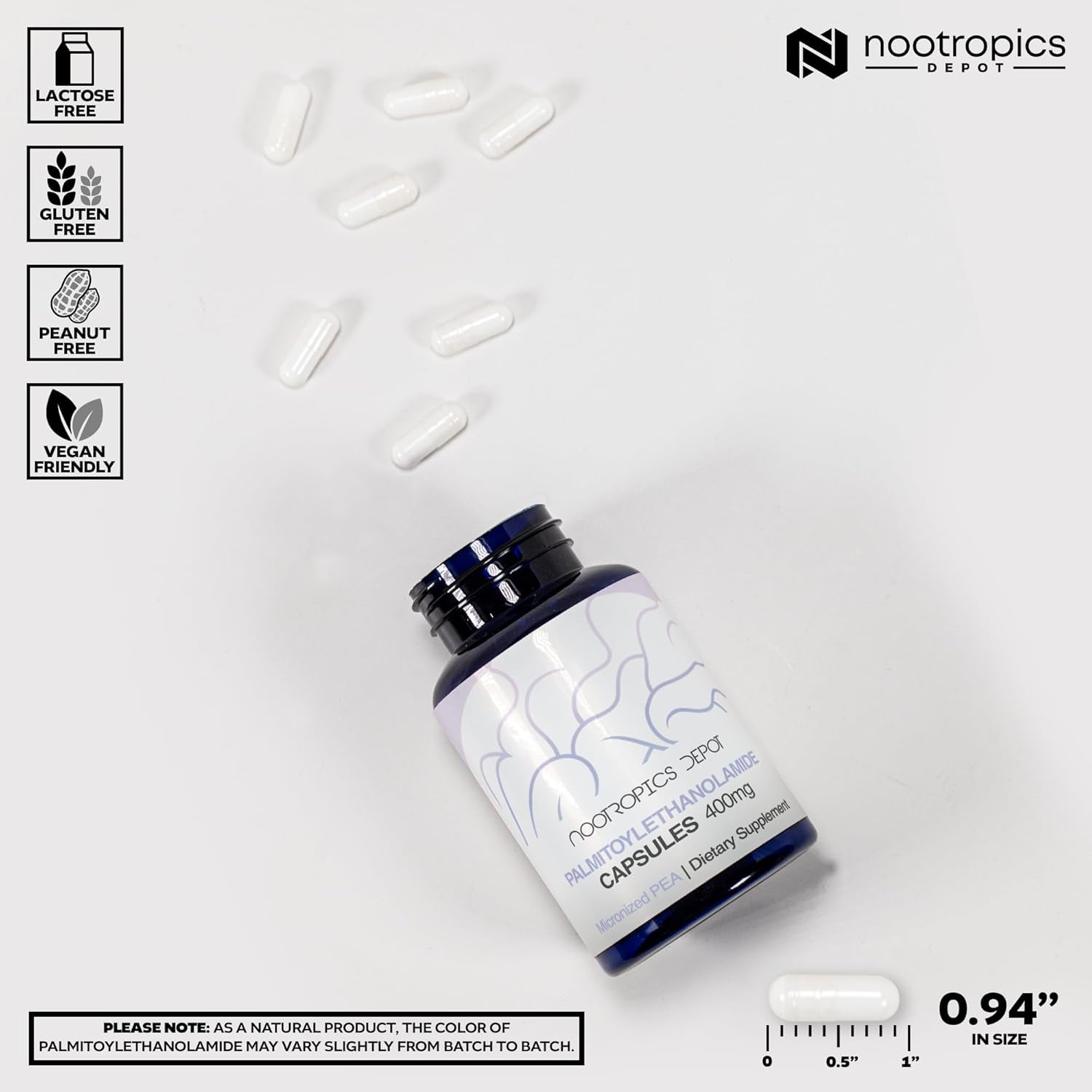 Nootropics Depot Palmitoylethanolamide Capsules 400mg 180 Capsules | Natural Discomfort & Nerve Support