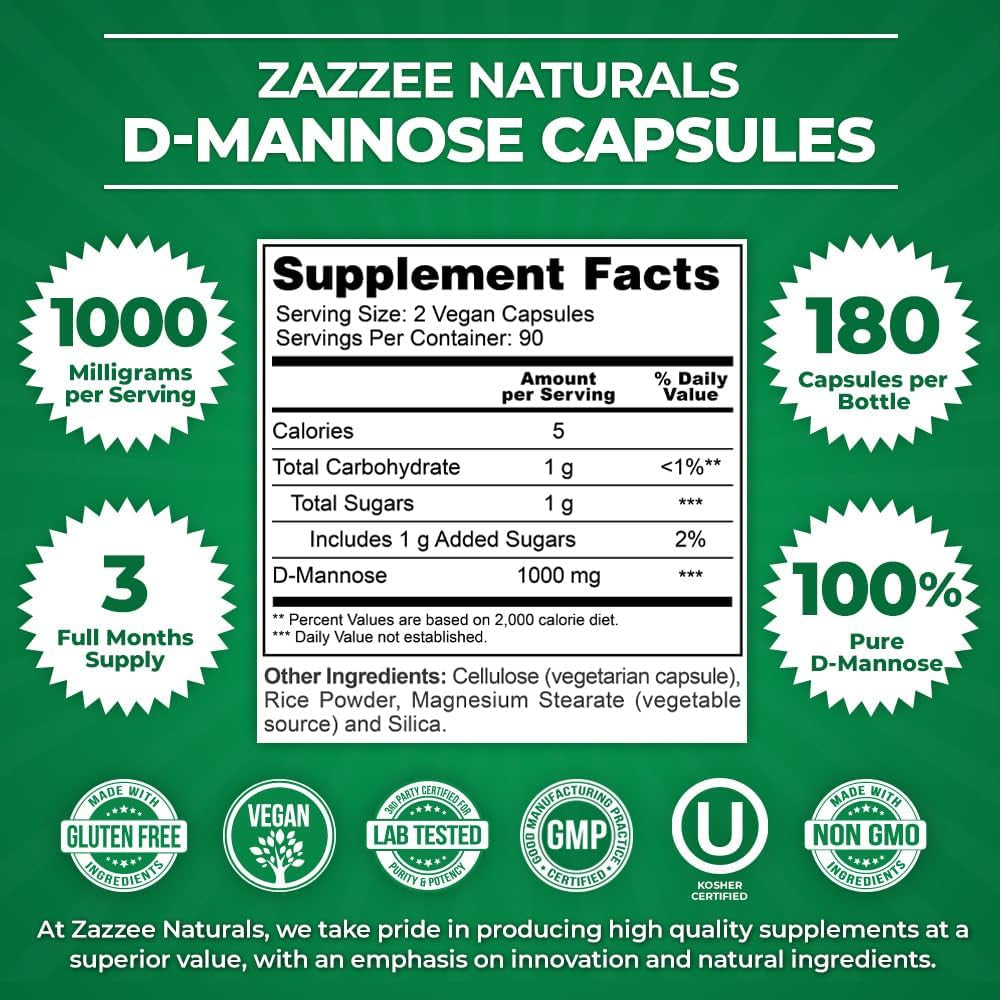 Zazzee D-Mannose Healthy Urinary Tract Support – 180 Vegan Capsules | Pure, Fast-Acting UTI Relief & Prevention