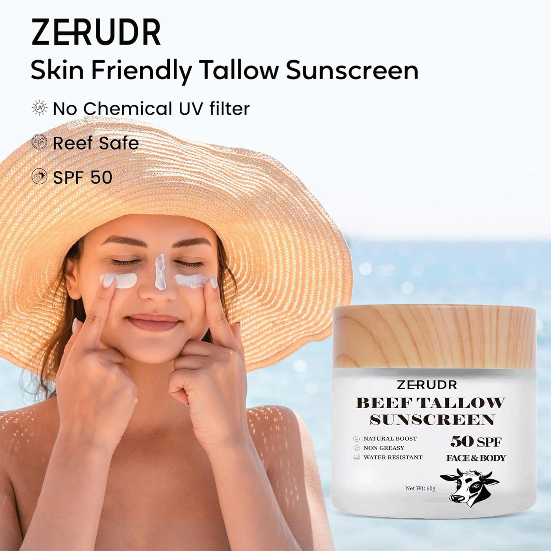 ZERUDR Beef Tallow Sunscreen SPF 50 – 60g | Non-Toxic, Water-Resistant Sun Protection for Sensitive Skin