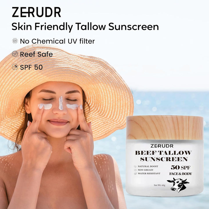 ZERUDR Beef Tallow Sunscreen SPF 50 – 60g | Non-Toxic, Water-Resistant Sun Protection for Sensitive Skin
