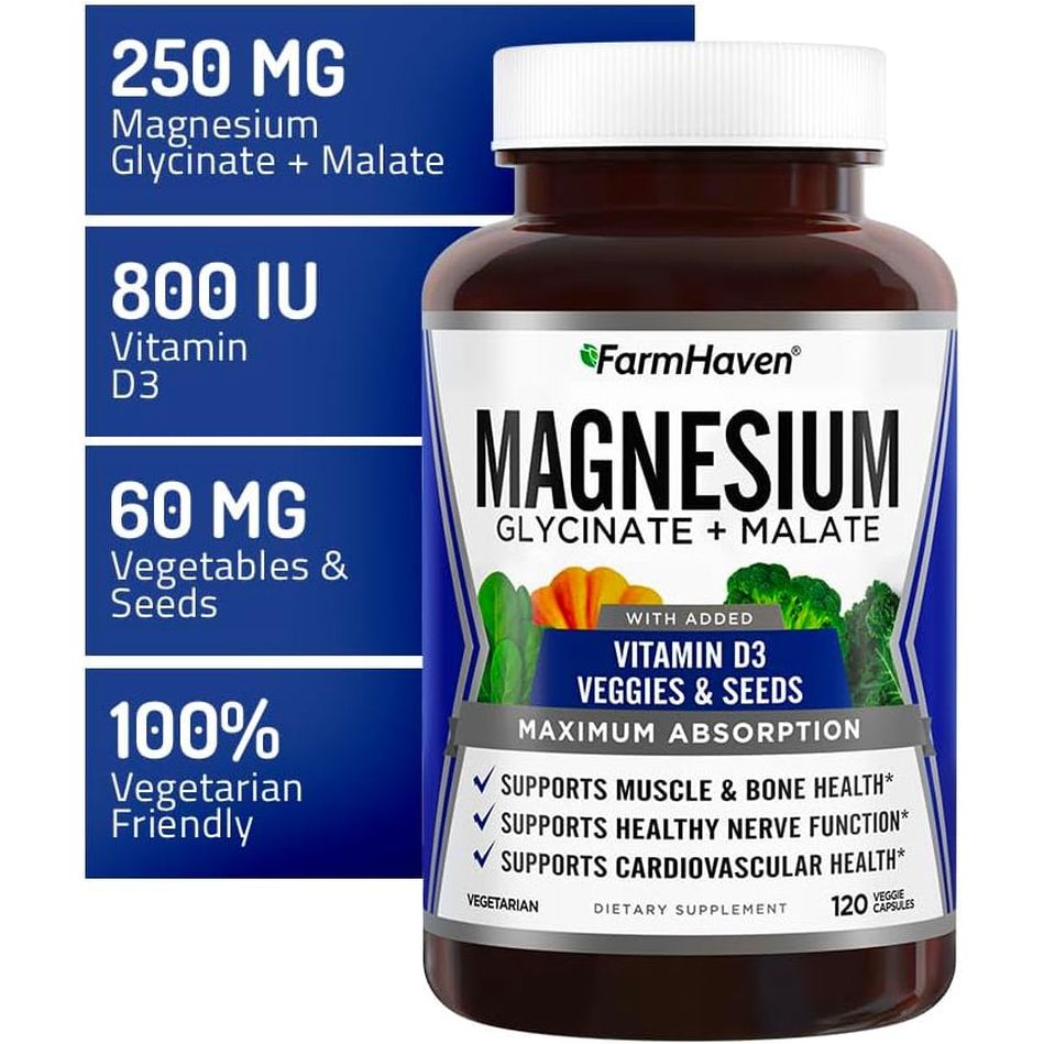 FarmHaven Magnesium Glycinate + Malate with Vitamin D3 – 120 Capsules | Max Absorption for Muscle, Bone, Heart & Immune Support