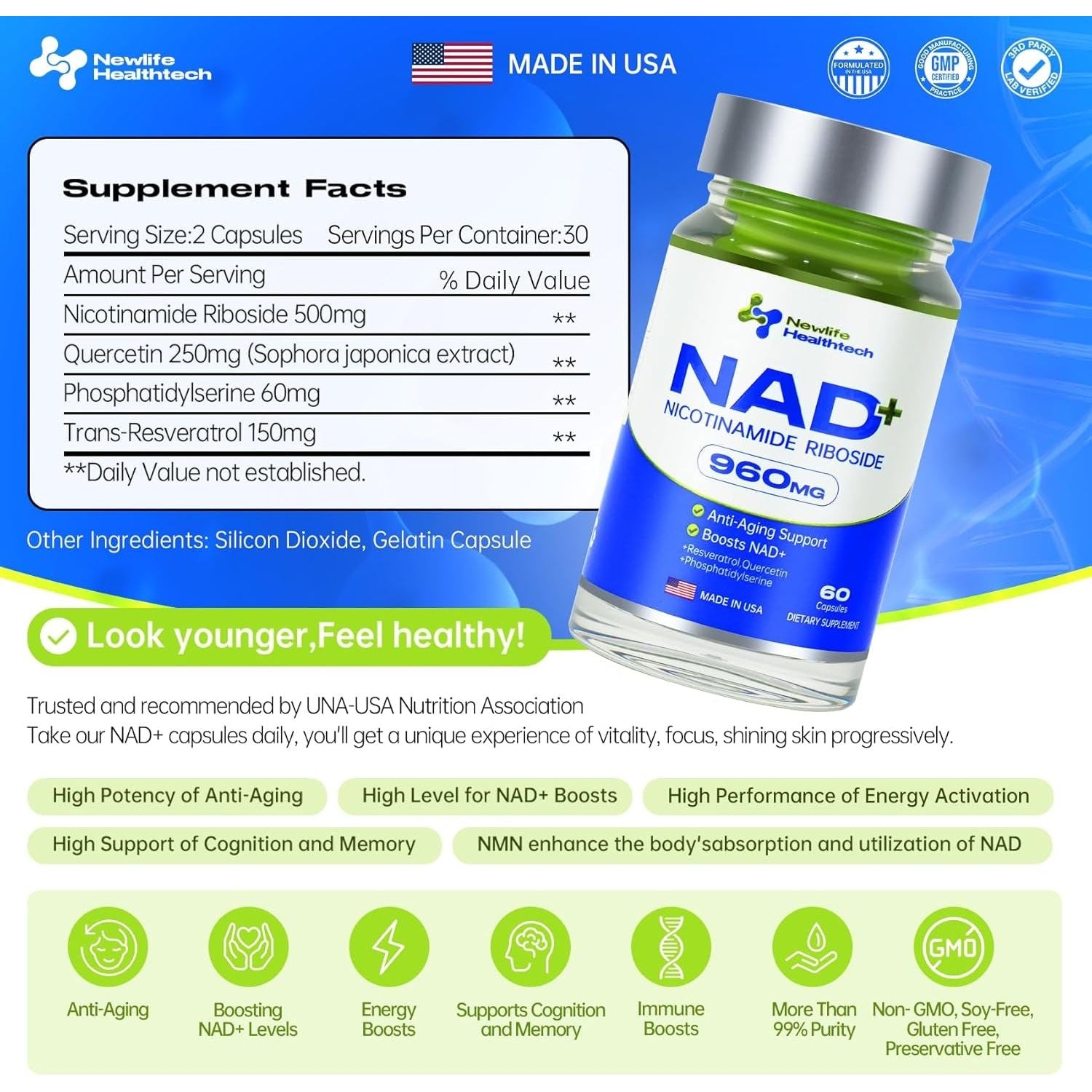 Newlife Healthtech NAD+ Supplement 60 Capsules | Advanced Cellular Energy & Anti-Aging Support ¨C 960mg per Serving