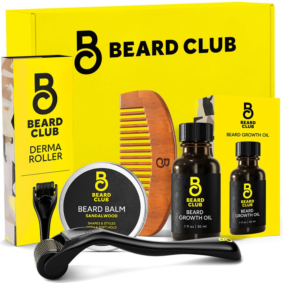 The Beard Club Beard Growth Kit – Complete Beard Care Gift Set | Derma Roller, Growth Oil, Balm & Wooden Comb