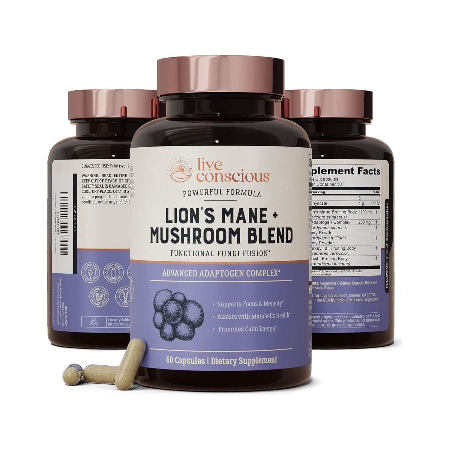 Live Conscious Lion’s Mane + Mushroom Blend 60 Capsules | Focus, Memory & Immune Support