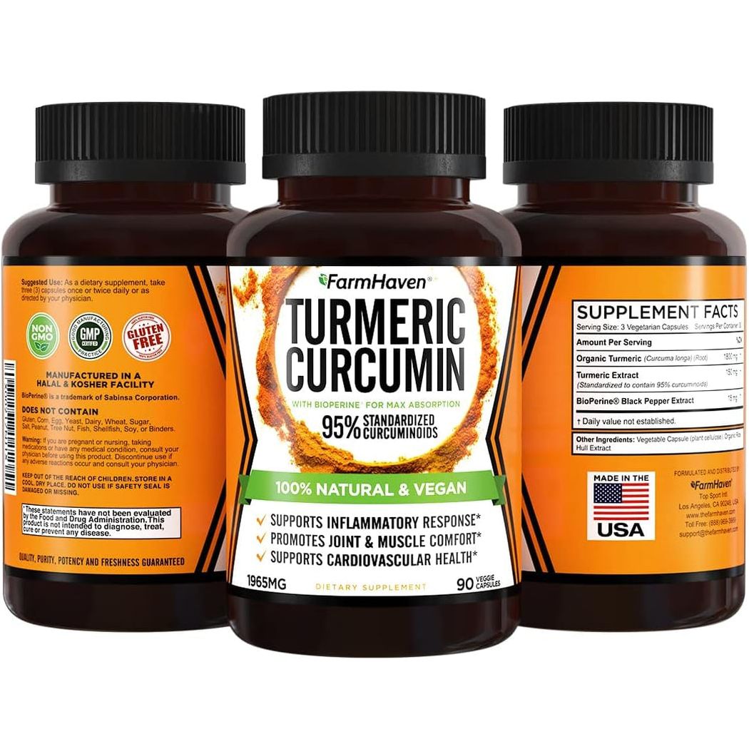 FarmHaven Turmeric Curcumin 90 Capsules | 1965mg High-Potency Joint, Heart & Brain Support with BioPerine