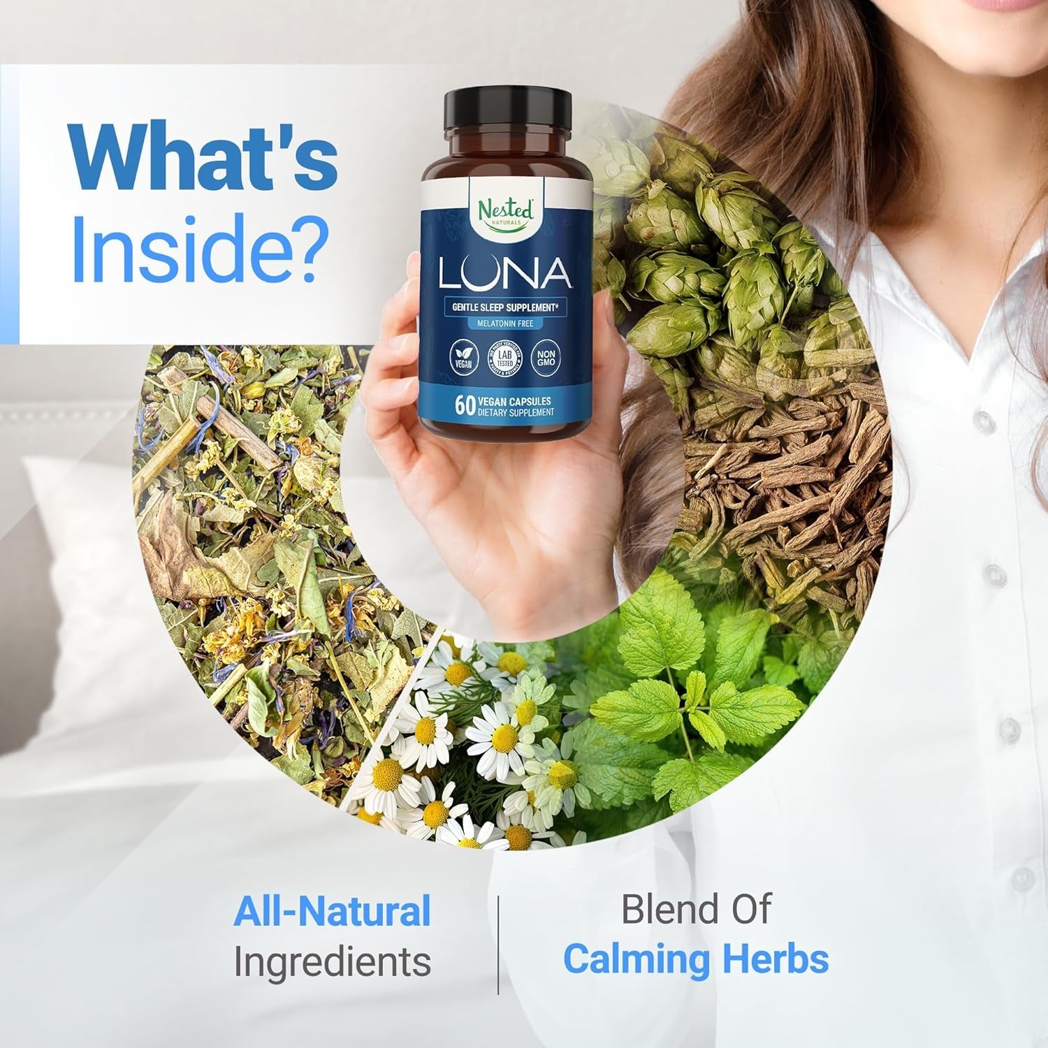 Nested Naturals Luna Gentle Sleep Supplement (Melatonin-Free) – 60 Vegan Capsules | Natural, Non-Habit Forming Sleep Aid