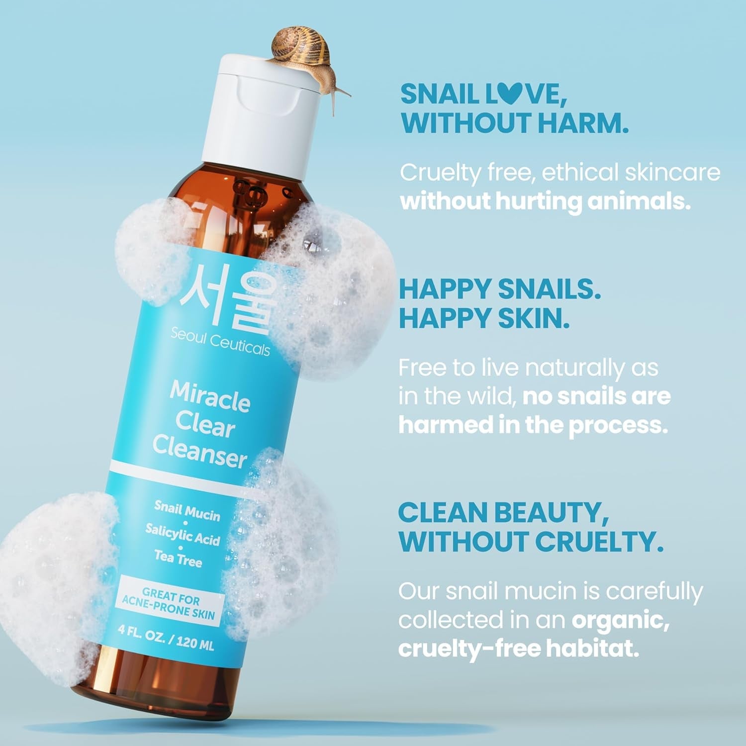 SeoulCeuticals Miracle Clear Cleanser 120ml | Korean Acne Solution with Snail Mucin, Salicylic Acid & Tea Tree