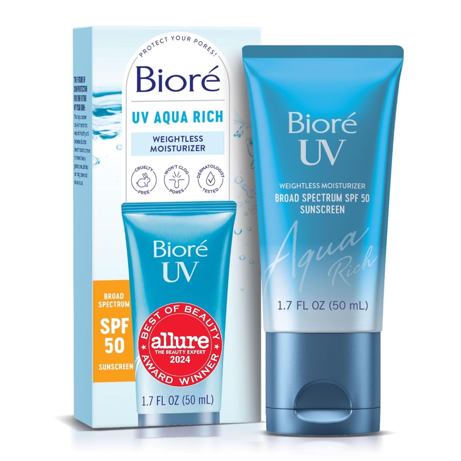 Bioré UV Aqua Rich Weightless Moisturizer SPF 50 50ml | Hydrating Invisible Sunscreen & Makeup Primer