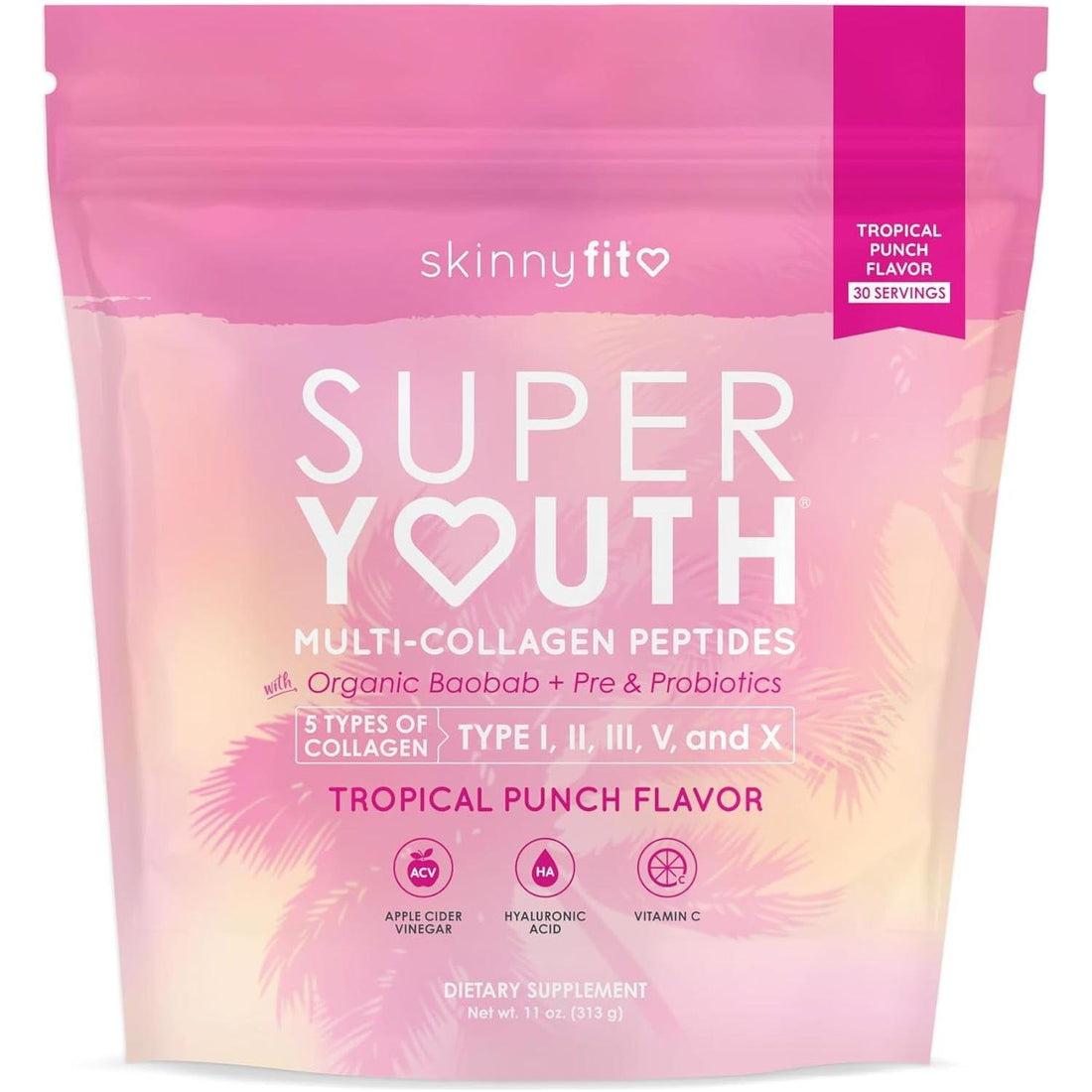SkinnyFit Super Youth Multi-Collagen Peptides - Tropical Punch Flavor (313g) | 5 Collagen Types + Probiotics for Beauty & Wellness