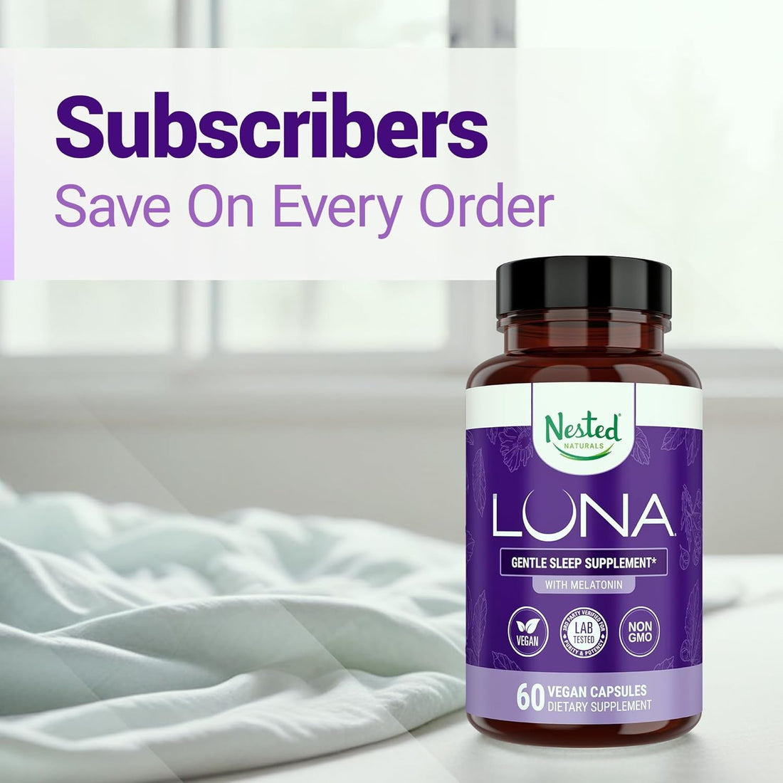 Nested Naturals Luna Gentle Sleep Supplement – 60 Vegan Capsules | Natural Sleep Aid with Melatonin, Valerian Root & L-Theanine