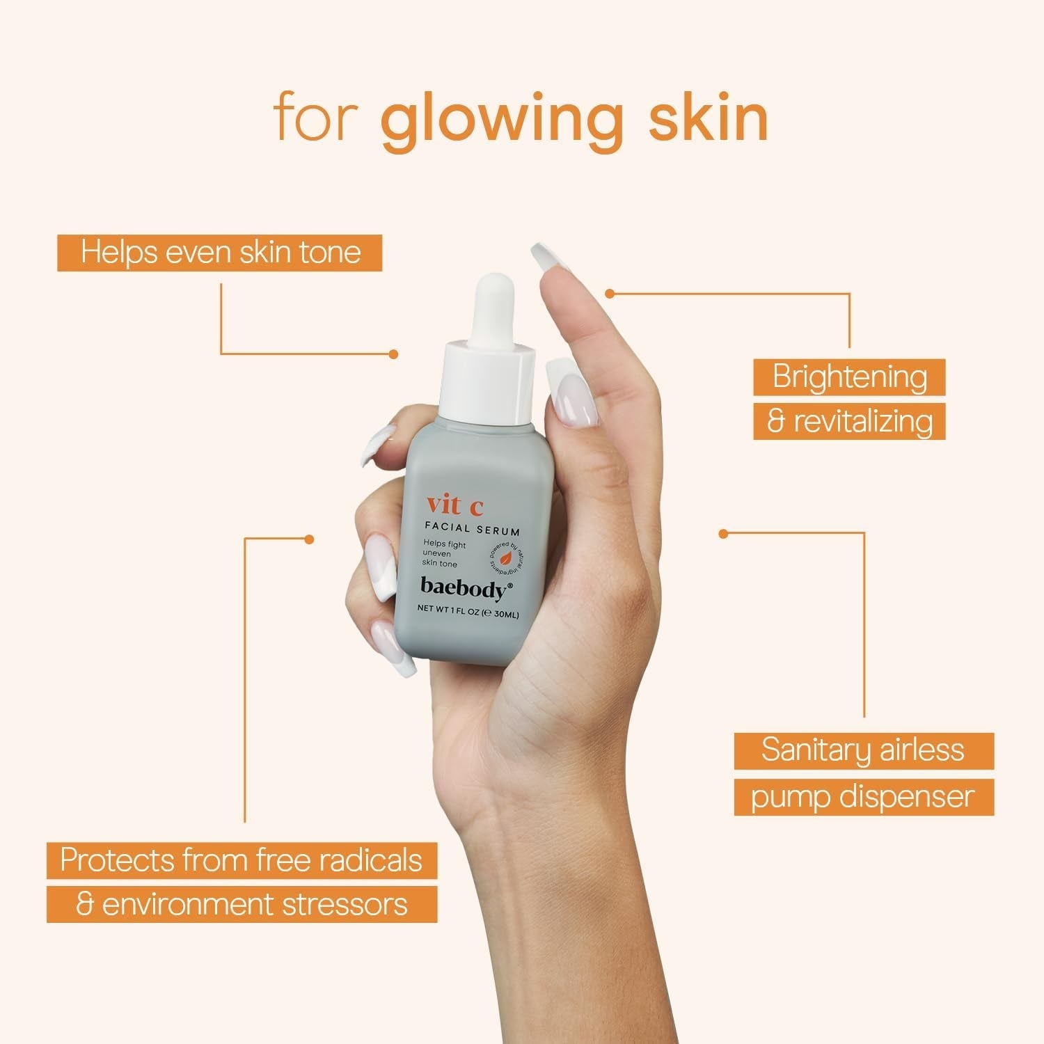 Baebody Vitamin C Face Serum 30ml | Brightening Serum for Dark Spots & Dull Skin | Hyaluronic Acid + Antioxidants | Made in USA