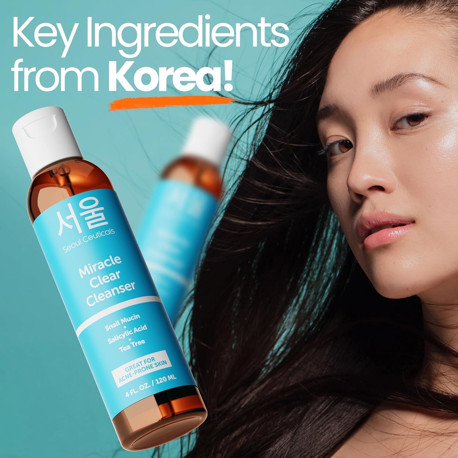 SeoulCeuticals Miracle Clear Cleanser 120ml | Korean Acne Solution with Snail Mucin, Salicylic Acid & Tea Tree