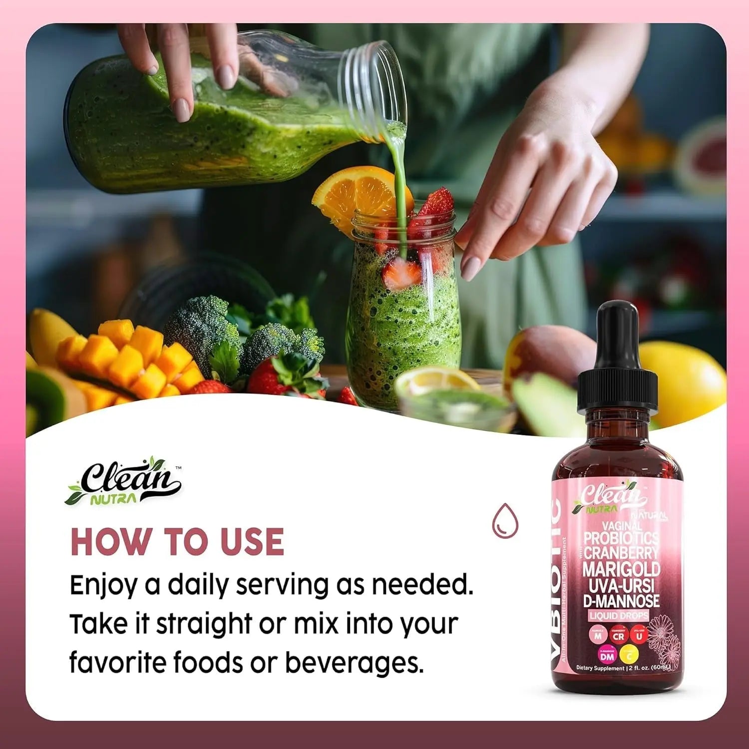 Clean Nutraceuticals Vaginal Probiotic Drops - 60ml | D-Mannose, Cranberry, Uva Ursi & Black Cohosh for Urinary, Vaginal & Hormonal Health Clean Nutraceuticals